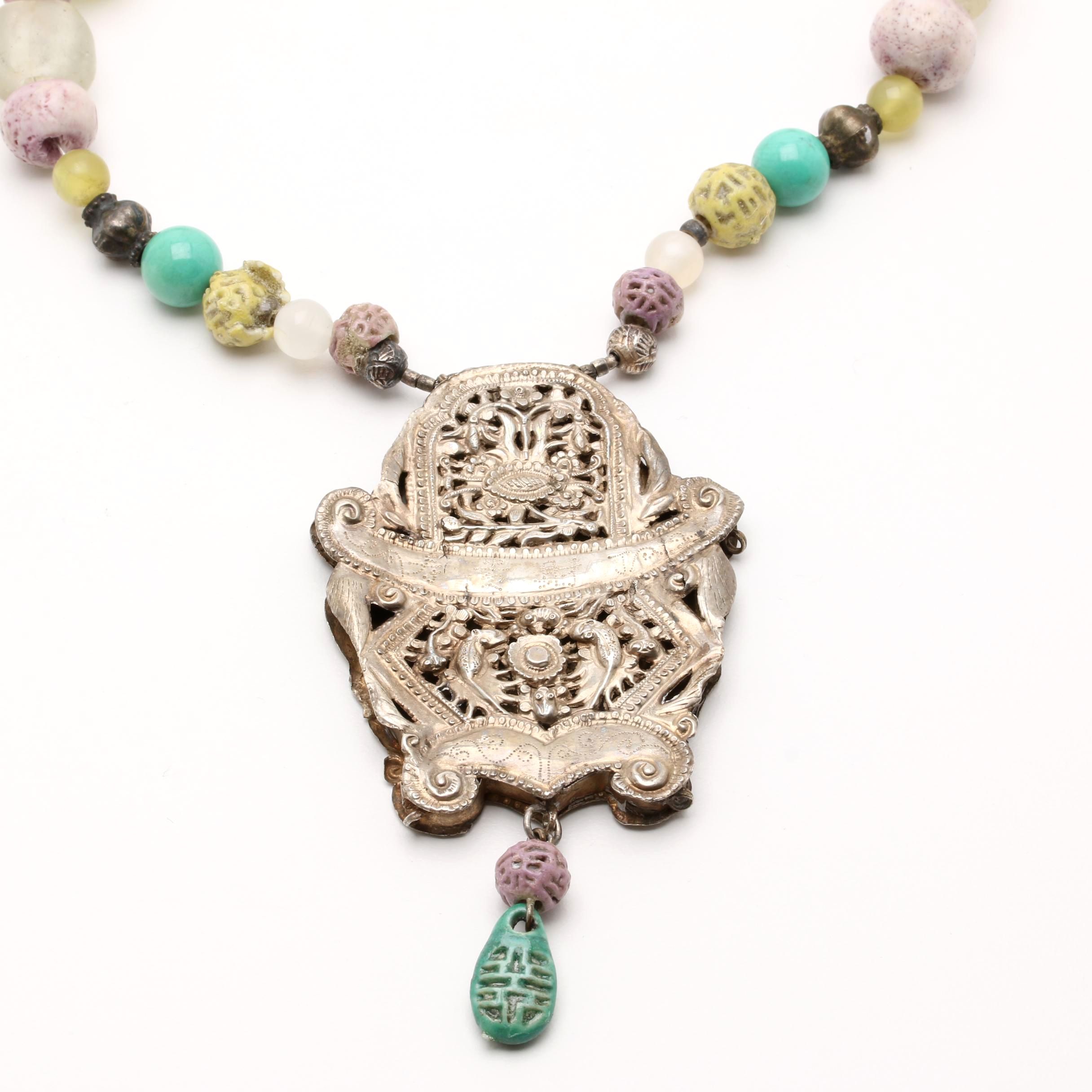 Vintage Chinese Talisman Necklace with Hand-Carved Beads
