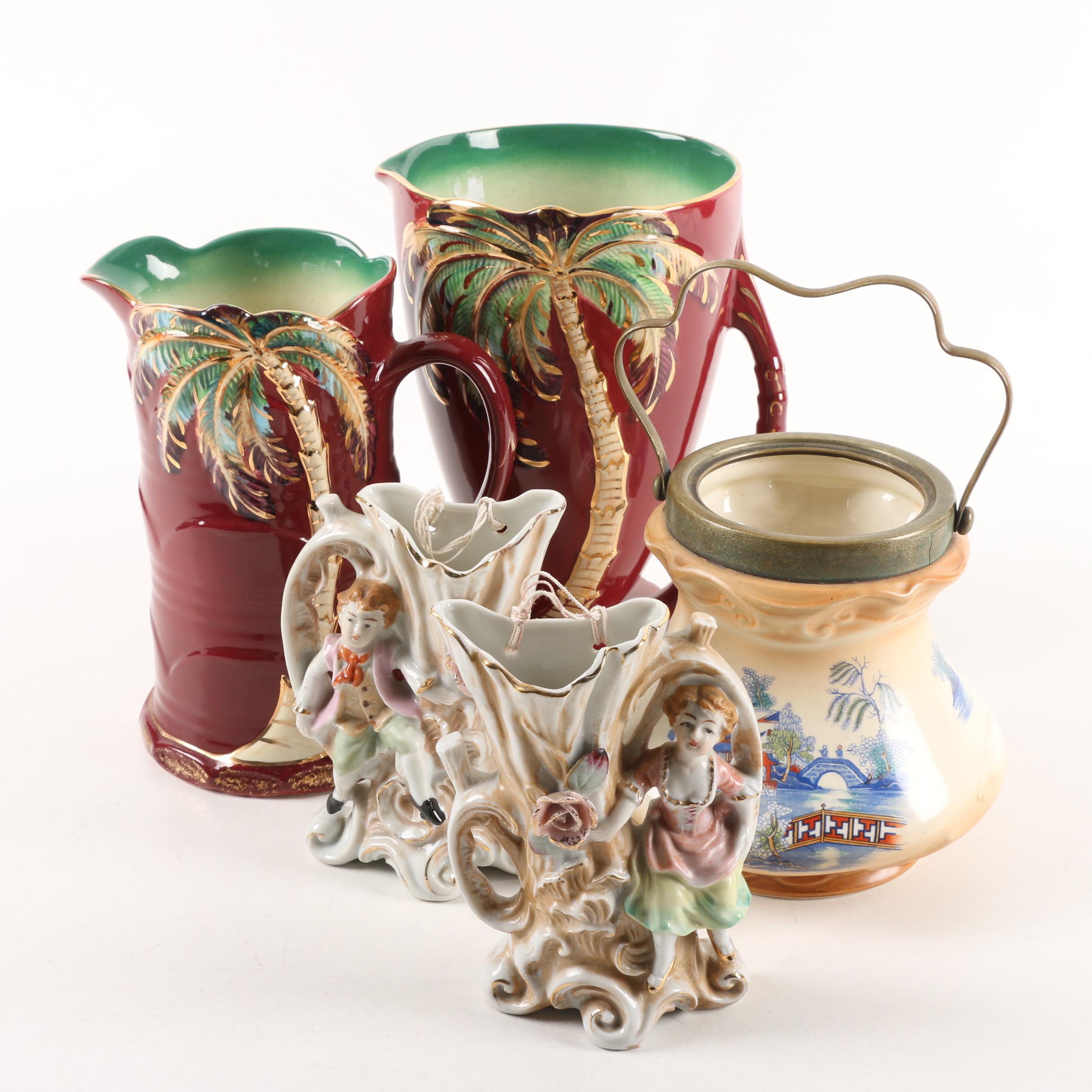 Vintage Beswick Palm Tree Pitchers with Wall Pocket Vases and Biscuit Barrel