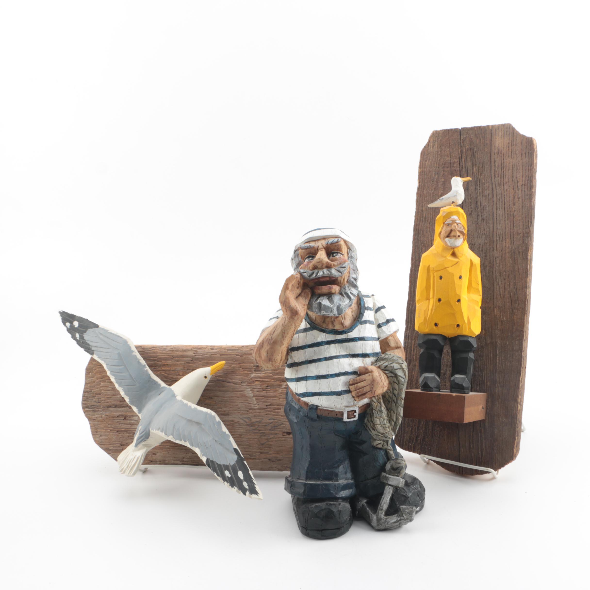 Edward “Pudge” DeGraff Carved Wooden Sailor and Seagull Scluptures