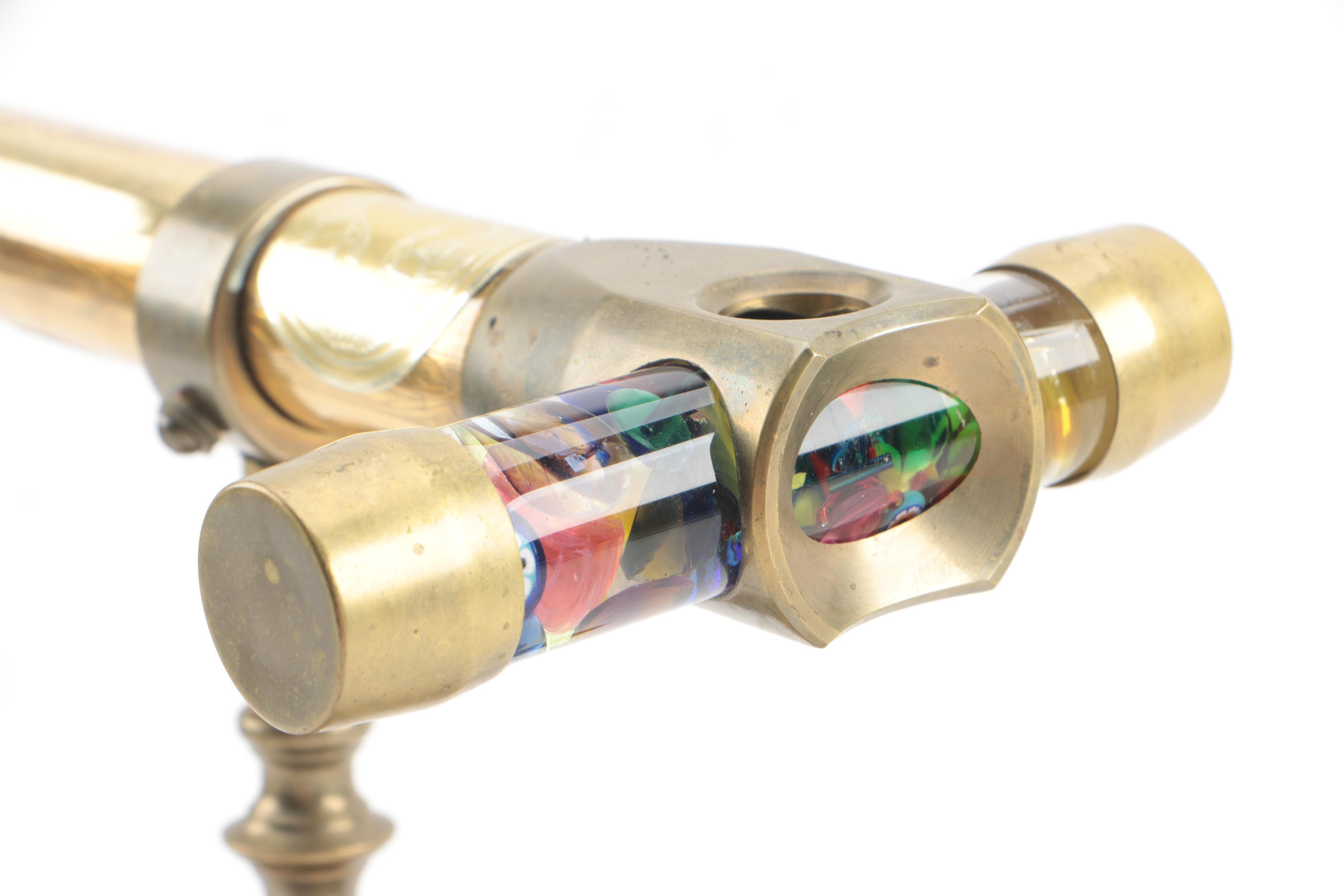 Corki Weeks Brass Oil Wand Kaleidoscope on Wooden Stand