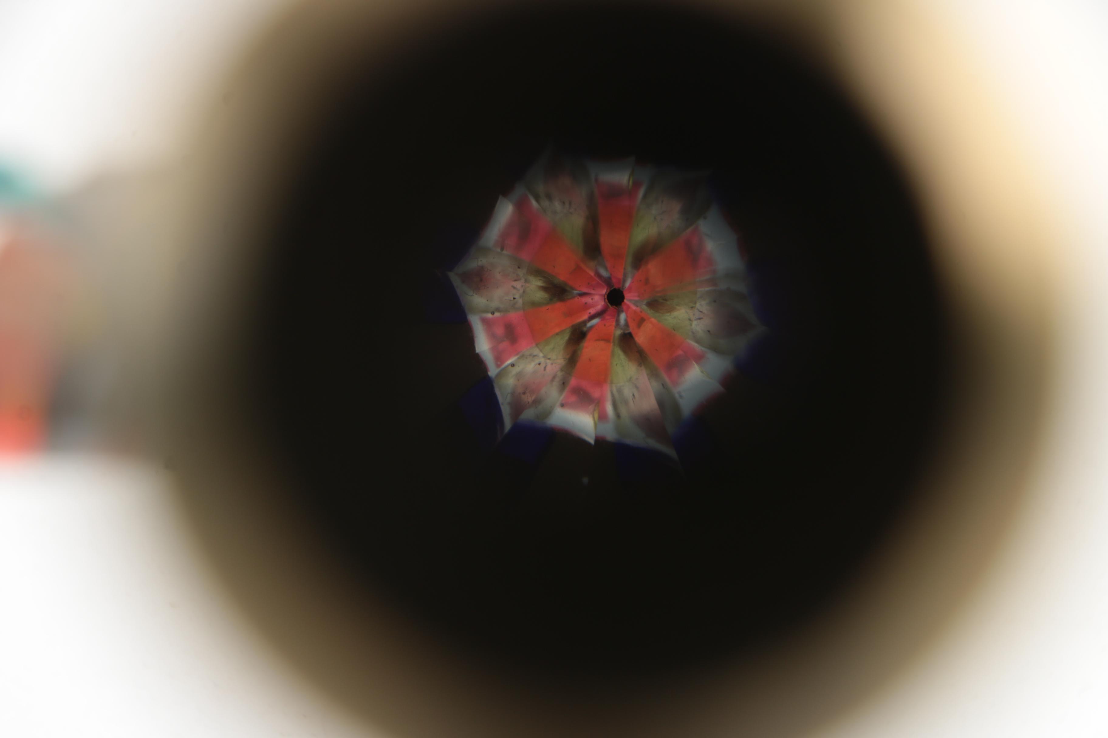 Corki Weeks Brass Oil Wand Kaleidoscope on Wooden Stand