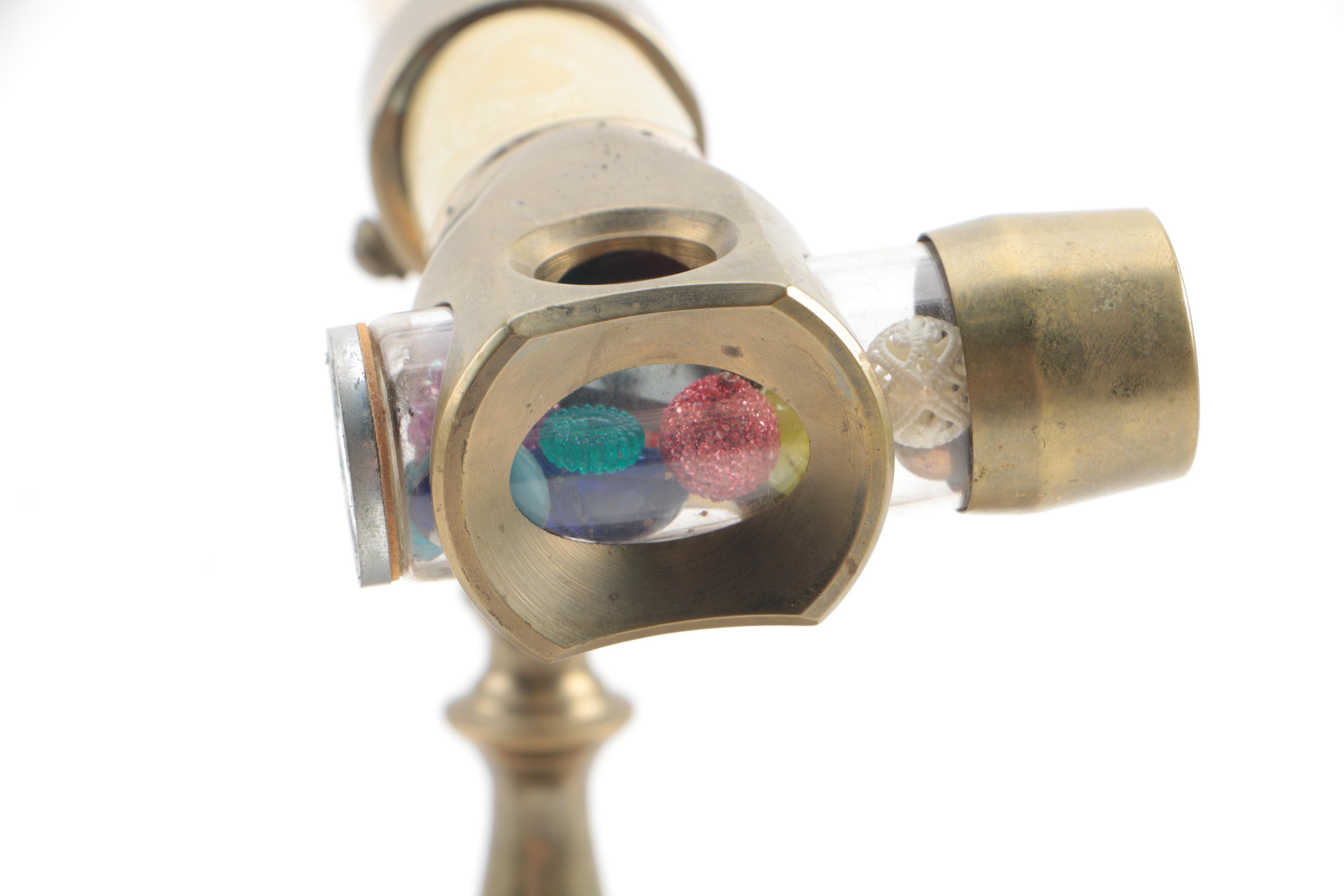 Corki Weeks Brass Oil Wand Kaleidoscope on Wooden Stand