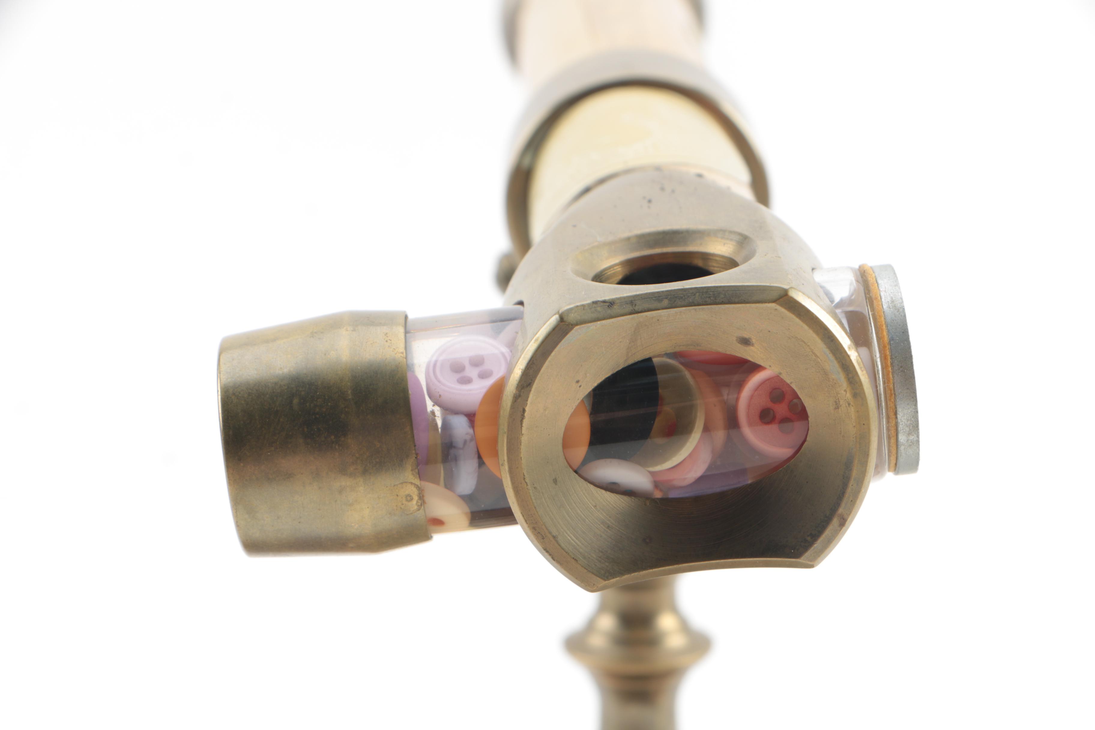 Corki Weeks Brass Oil Wand Kaleidoscope on Wooden Stand