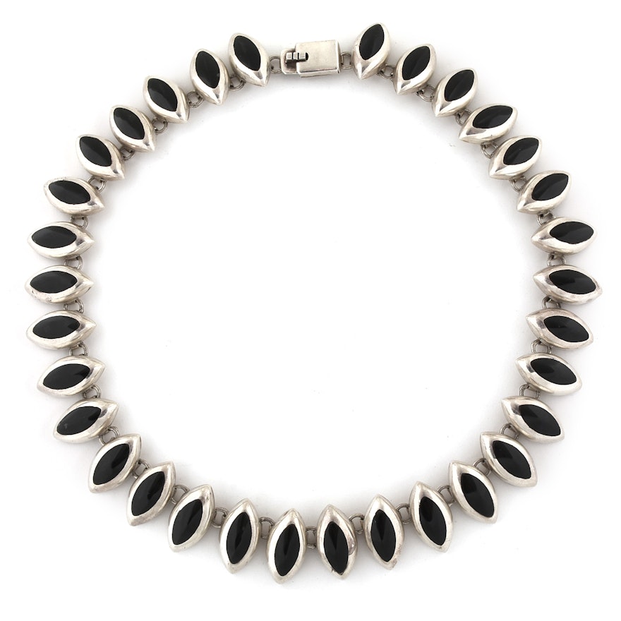 Mexican Sterling Silver Black Onyx Linked Necklace