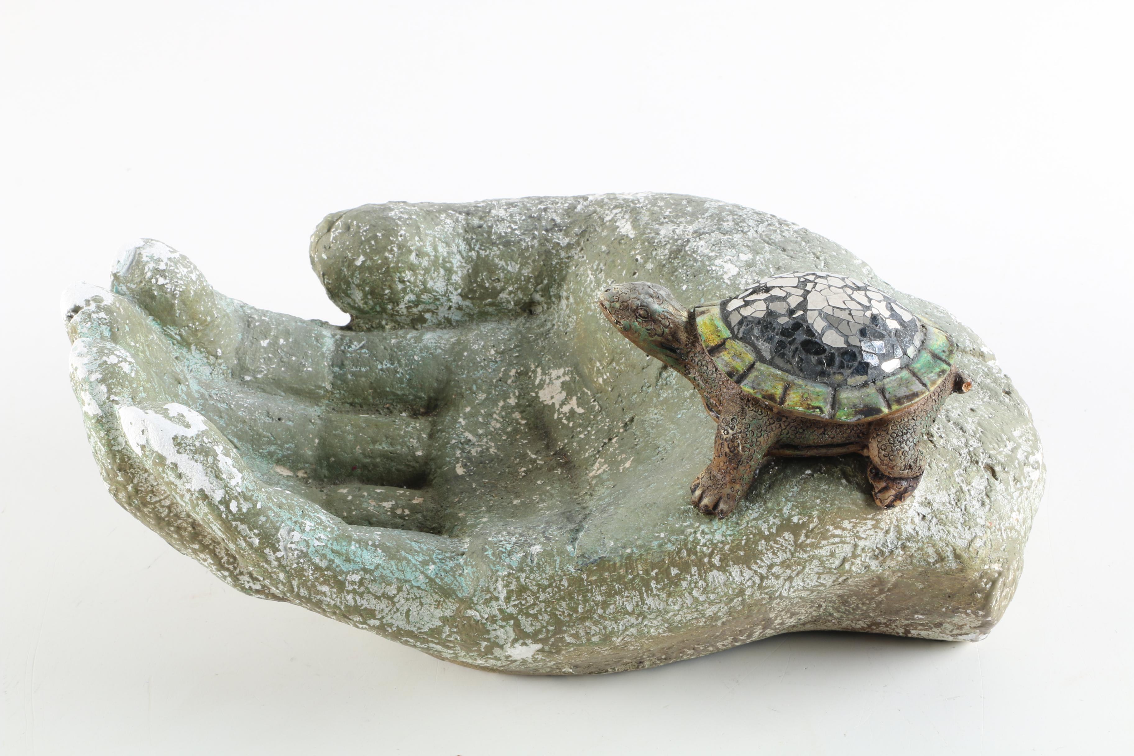 Plaster and Mosaic Sculpture of a Turtle on Hand