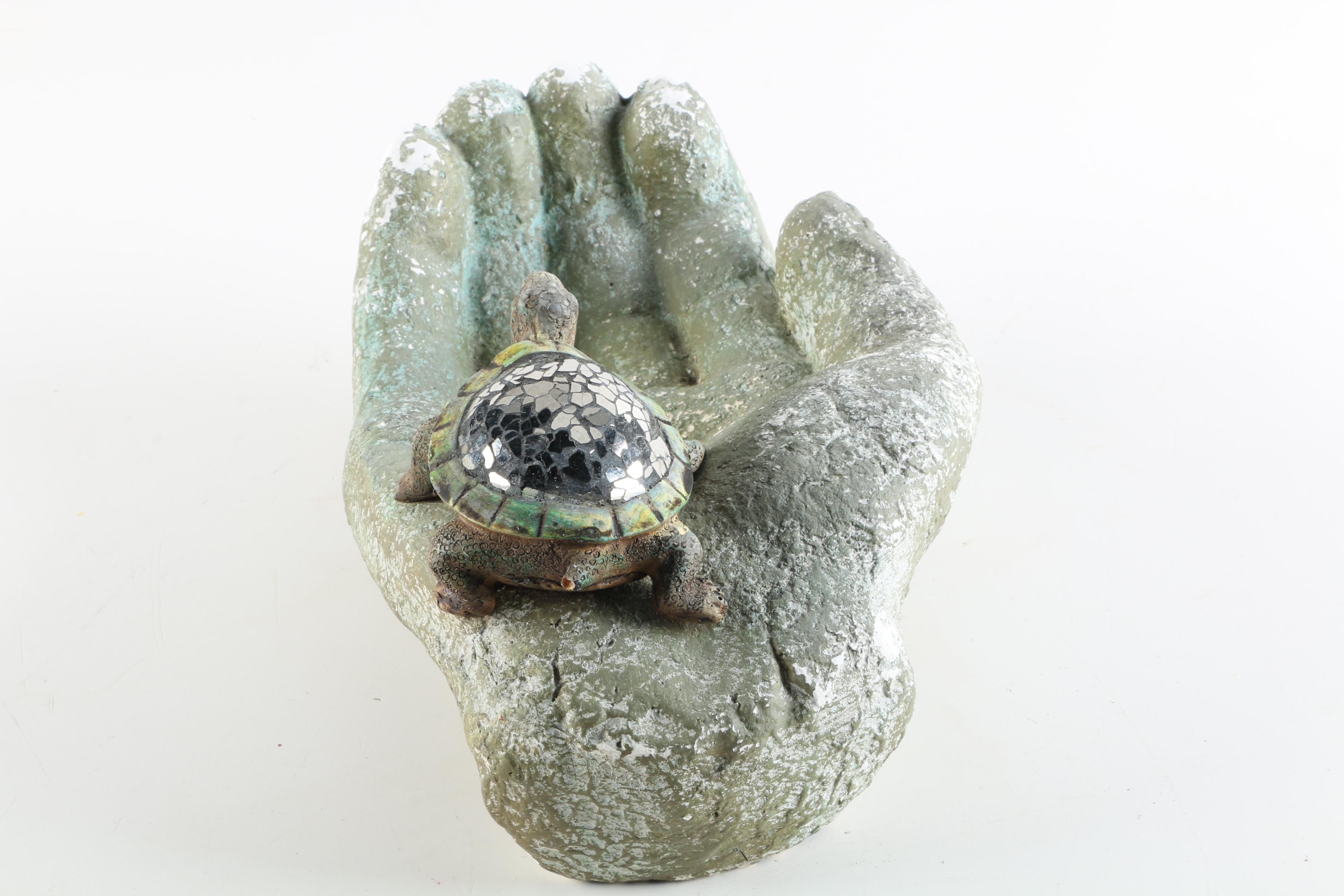 Plaster and Mosaic Sculpture of a Turtle on Hand
