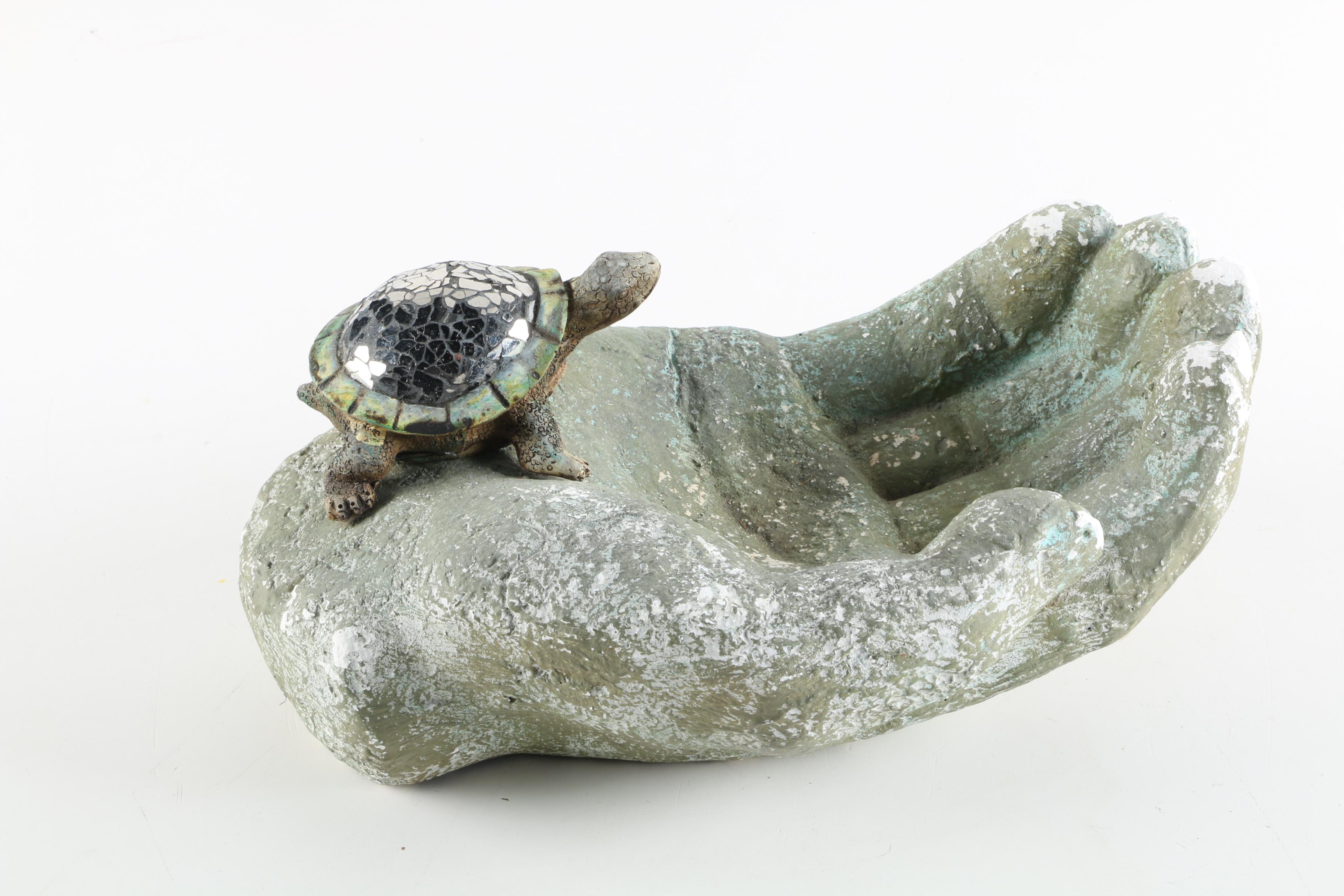 Plaster and Mosaic Sculpture of a Turtle on Hand