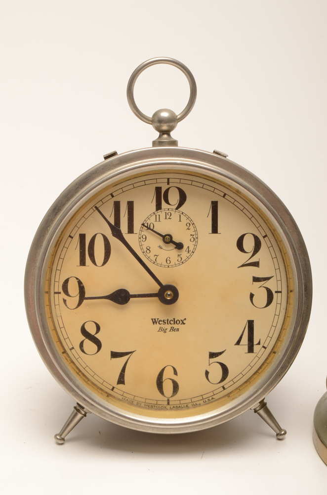 1930s Lux Blue Mystery Rotary Tape Measure Clock and Westclox Alarm Clock