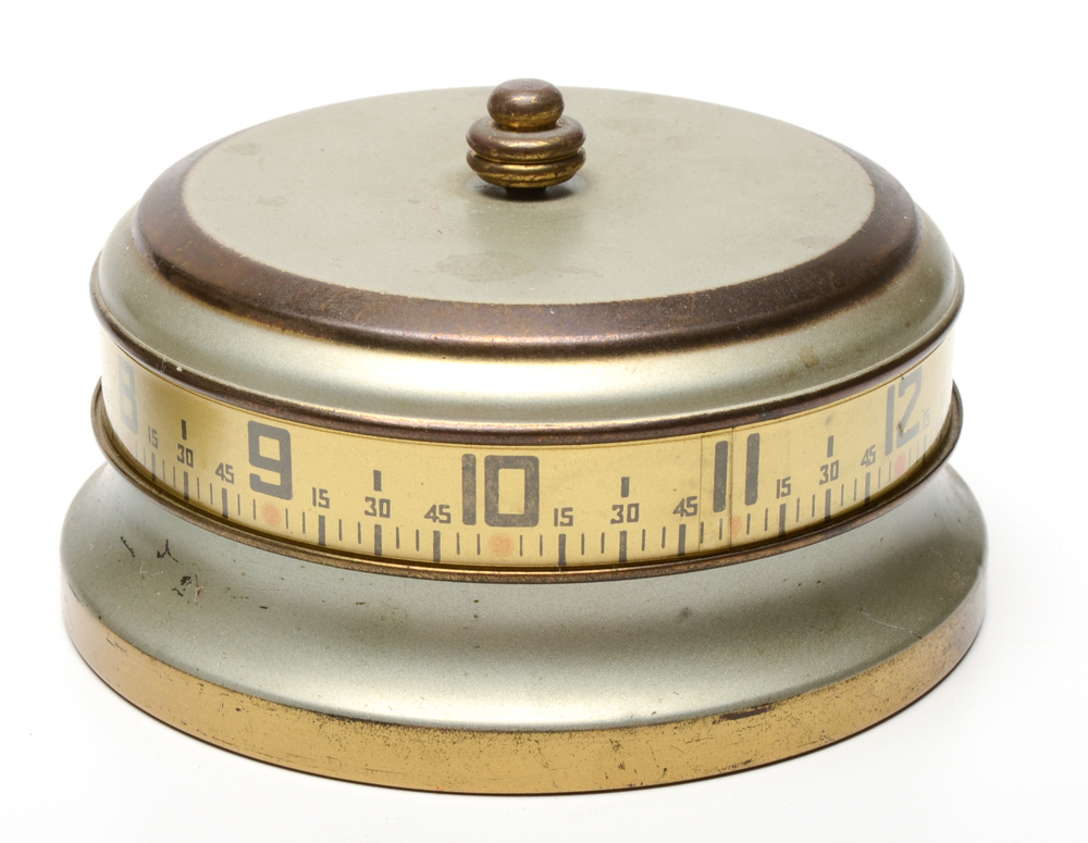 1930s Lux Blue Mystery Rotary Tape Measure Clock and Westclox Alarm Clock