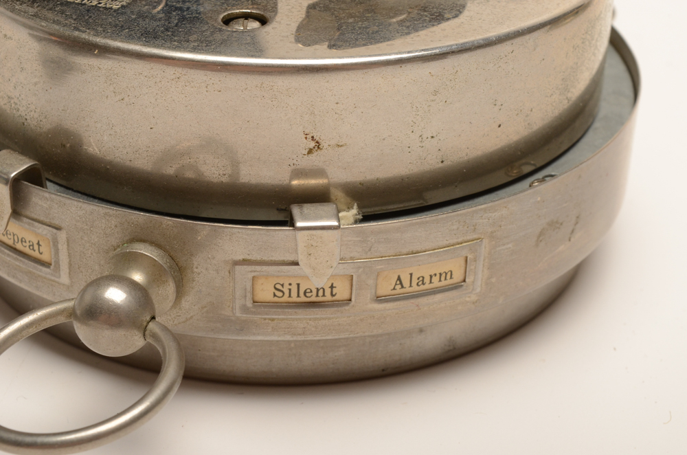 1930s Lux Blue Mystery Rotary Tape Measure Clock and Westclox Alarm Clock