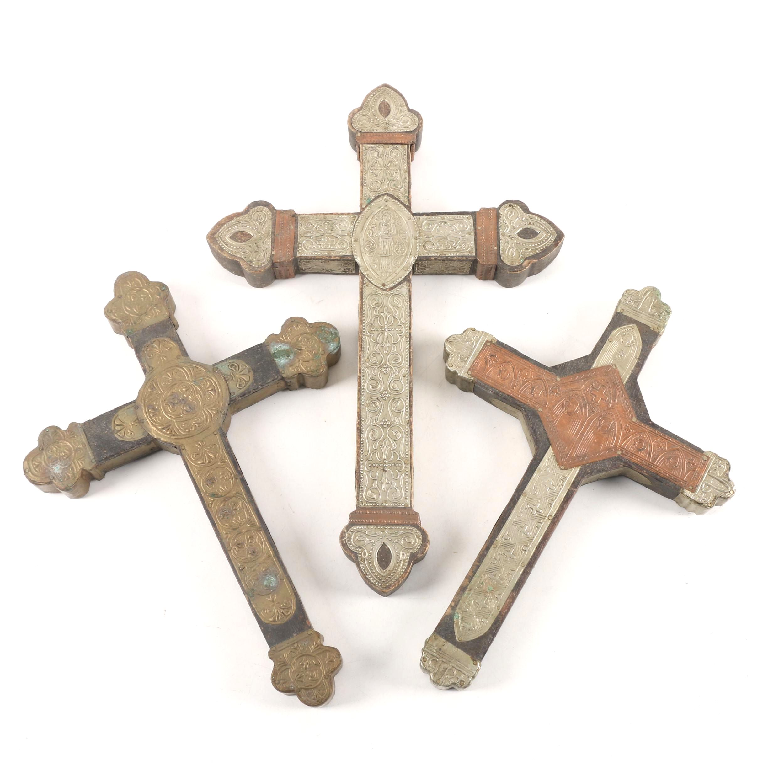 Mexican Style Folk Art Crosses with Embossed Sheet Metal Embellishments