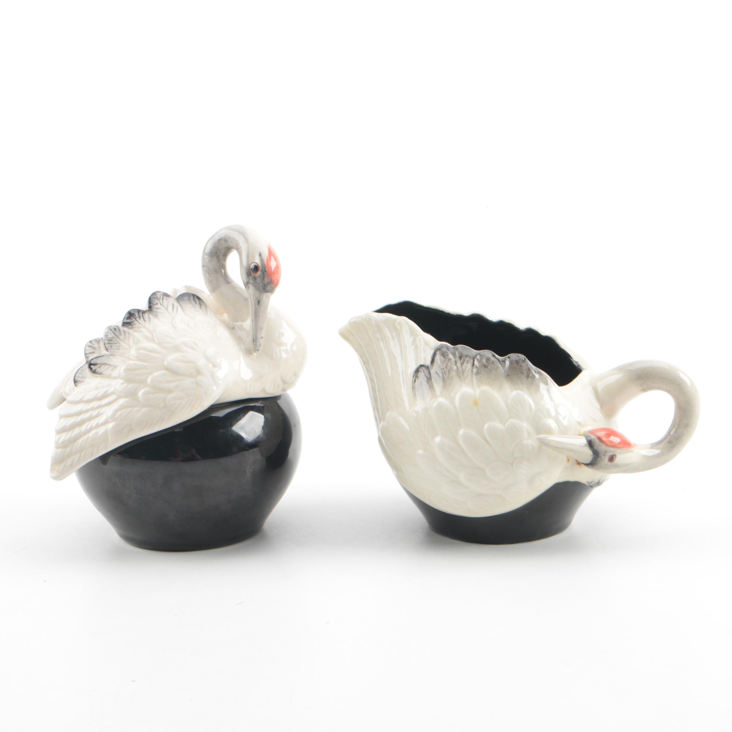 Vintage Fitz and Floyd Crane-Themed Creamer and Sugar Bowl