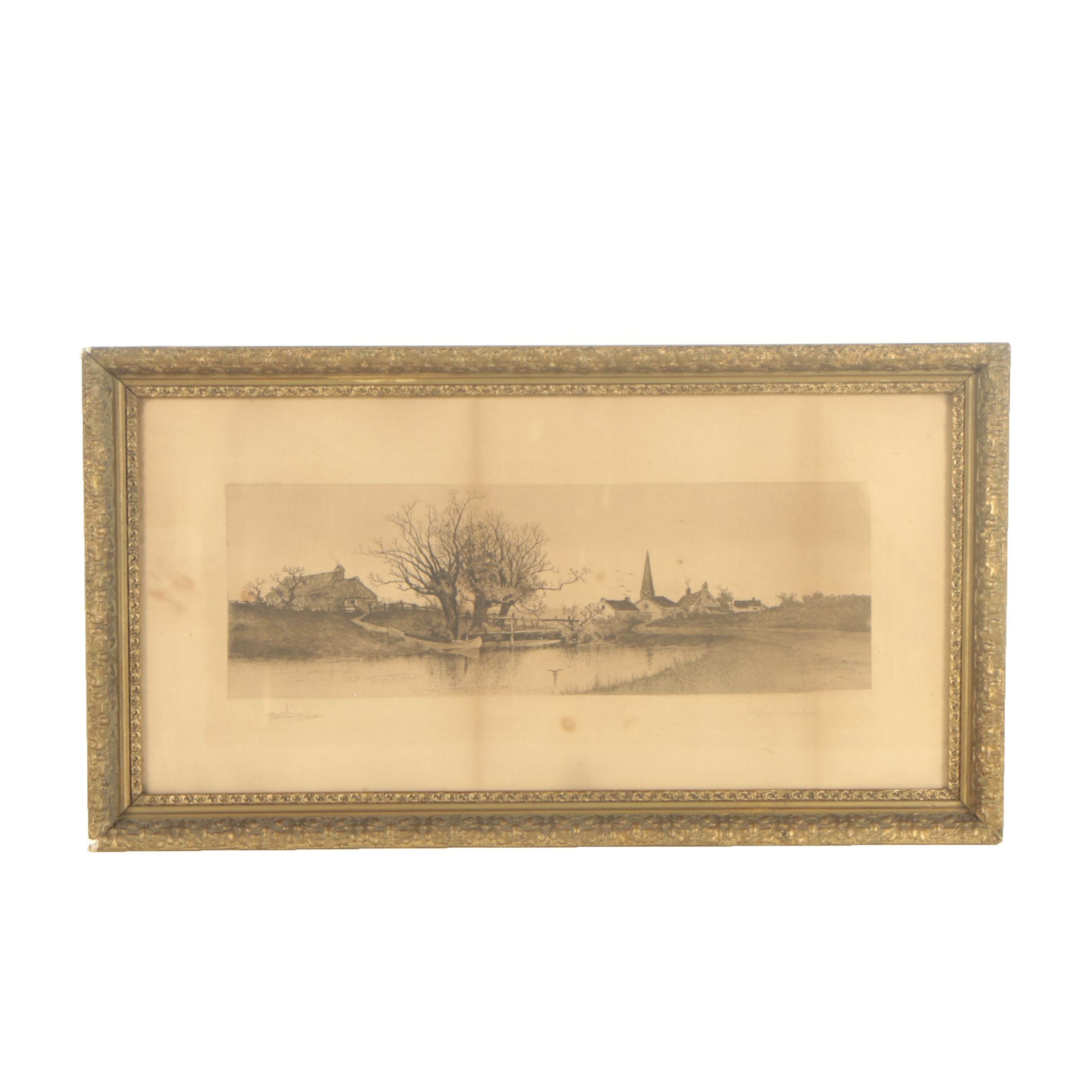 Alfred Hopkins Drypoint Etching of a Pastoral Landscape after B. J. Babbitt