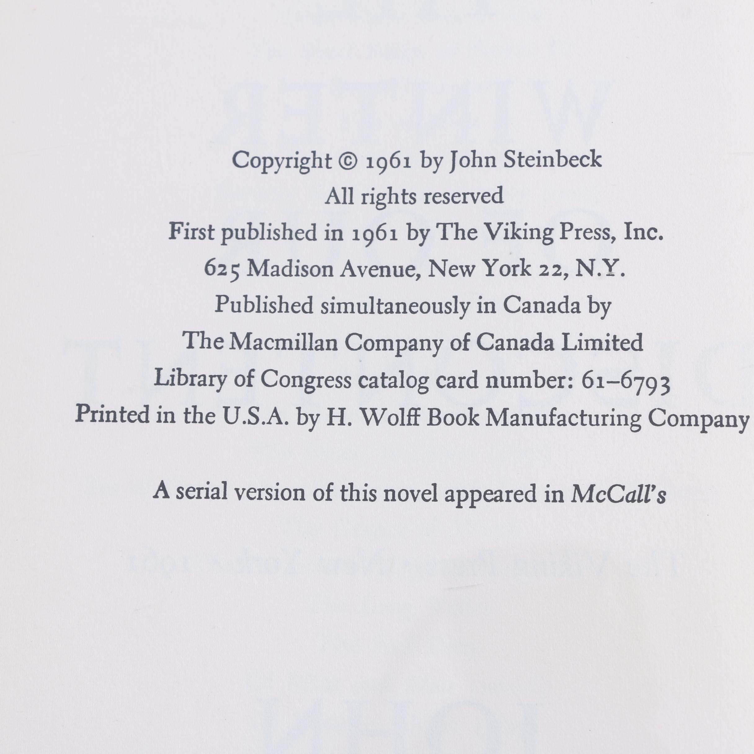 1961 First Trade Edition "The Winter of Our Discontent" by John Steinbeck