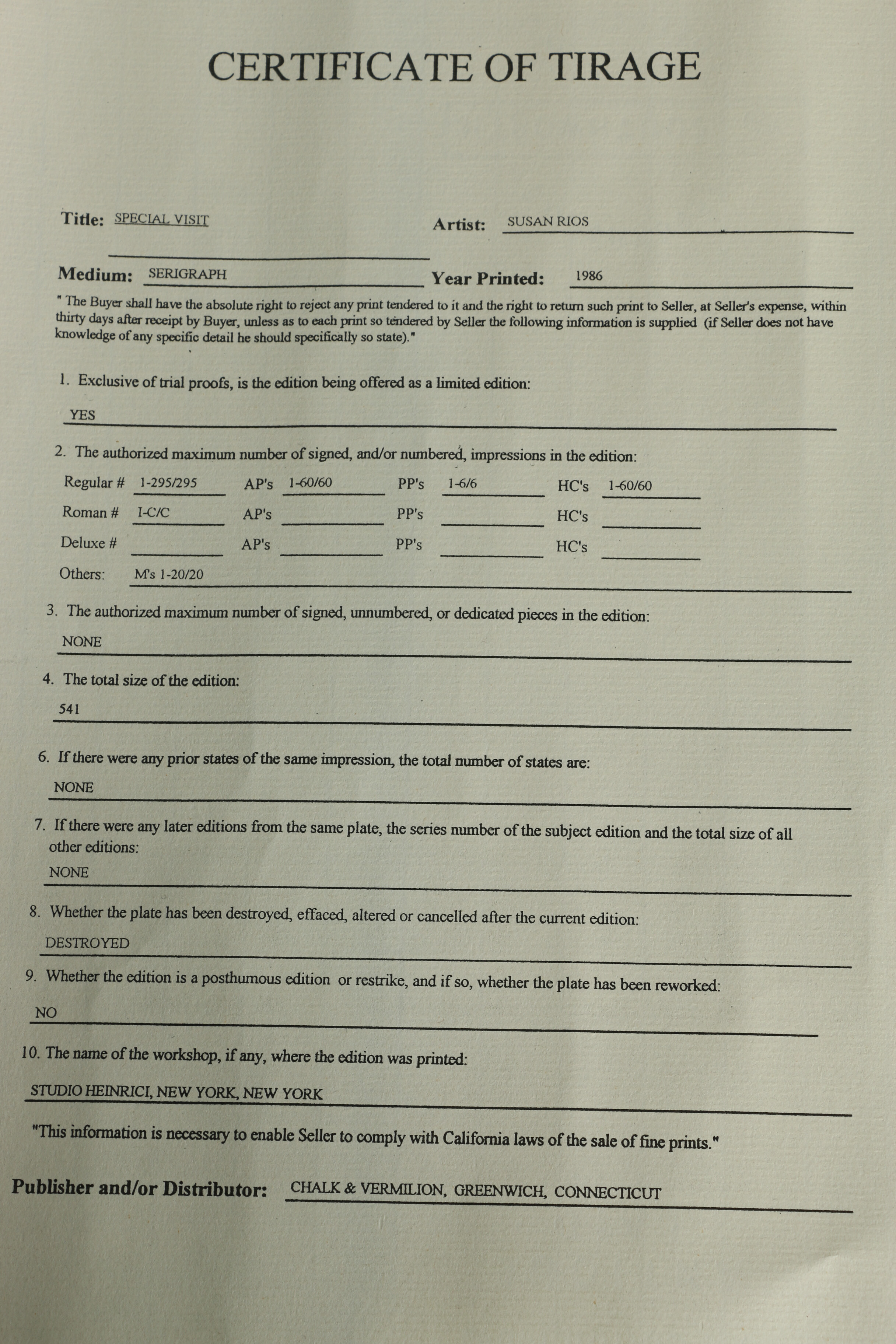 Susan Rios Serigraph "Special Visit"