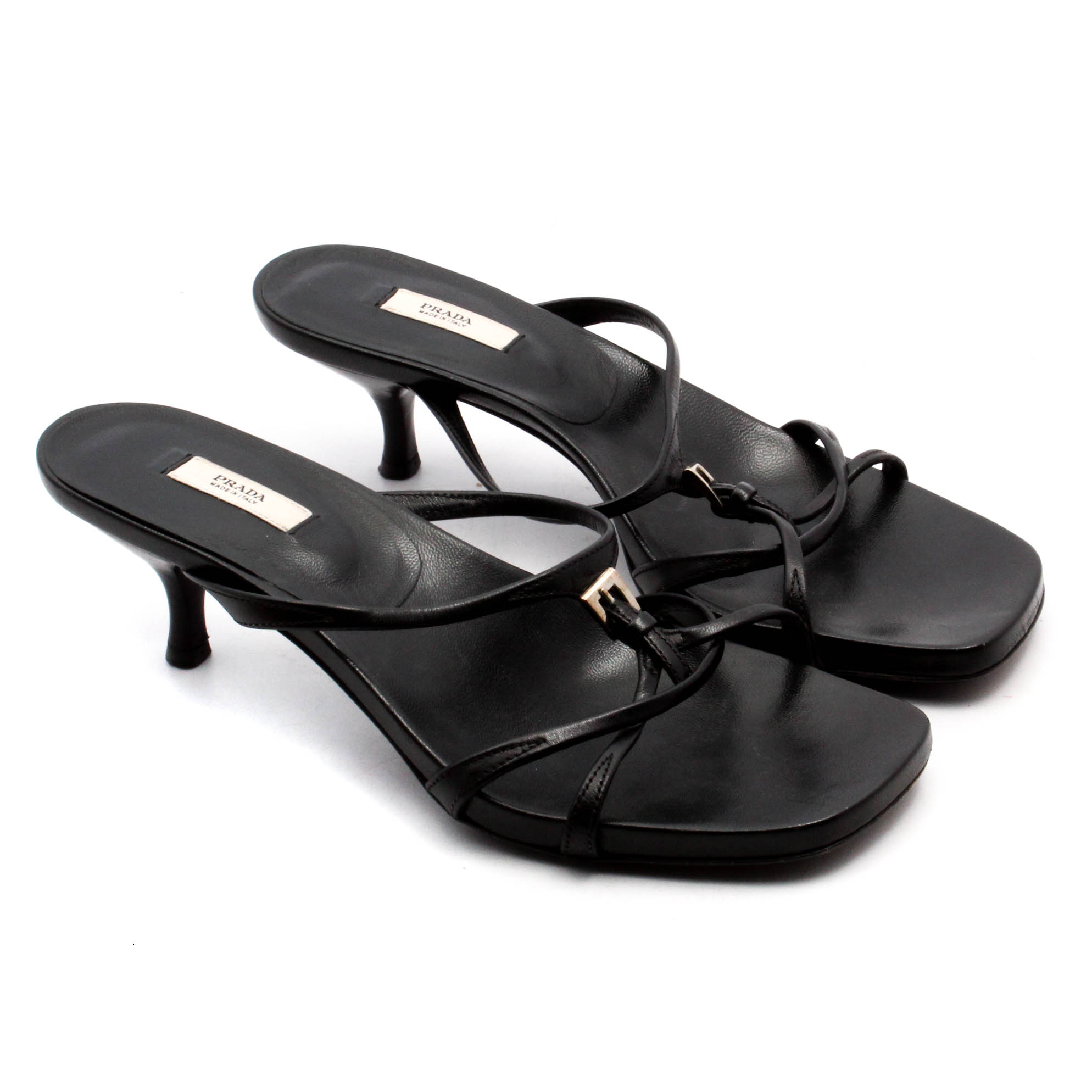 Prada Black Leather Kitten Heeled Sandals