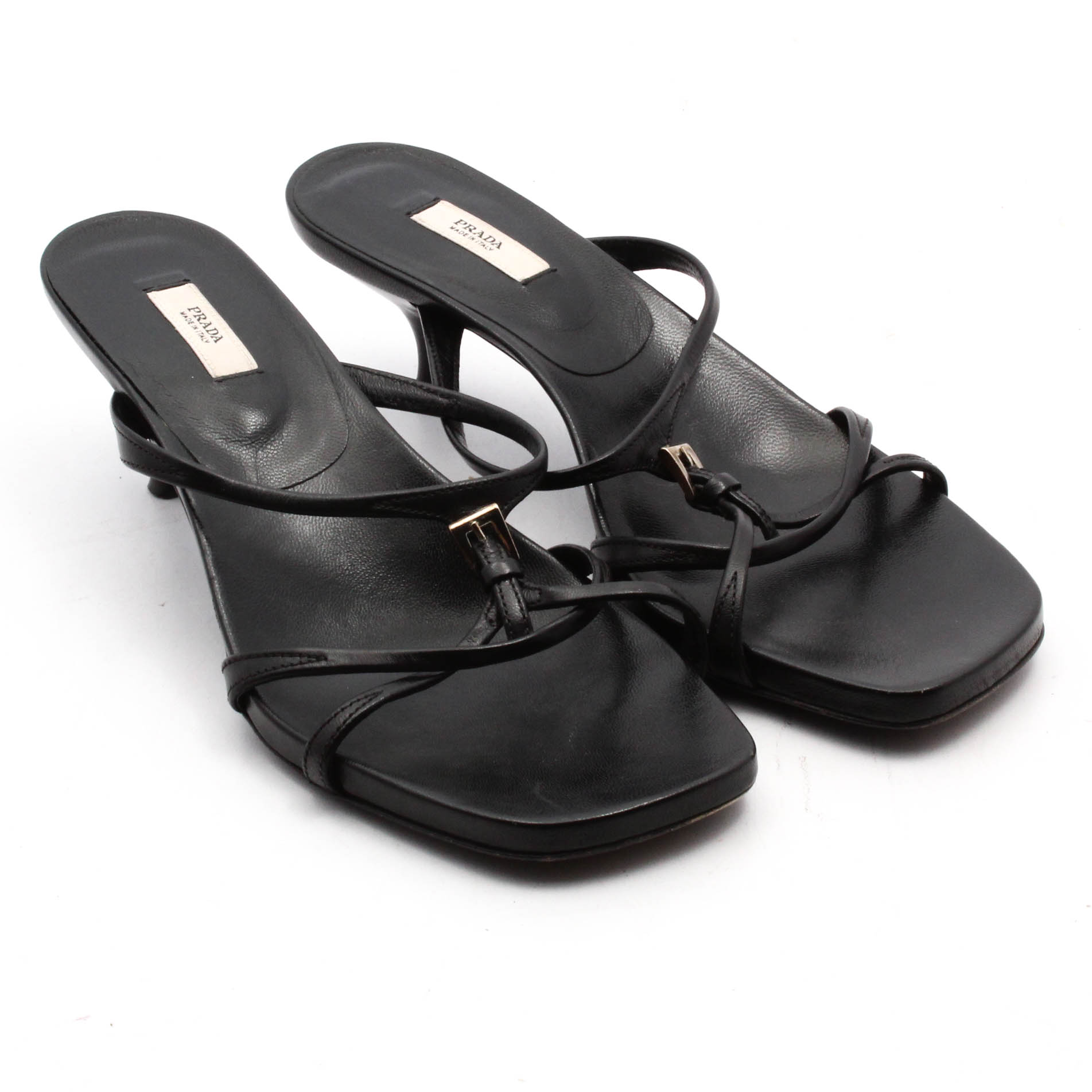 Prada Black Leather Kitten Heeled Sandals