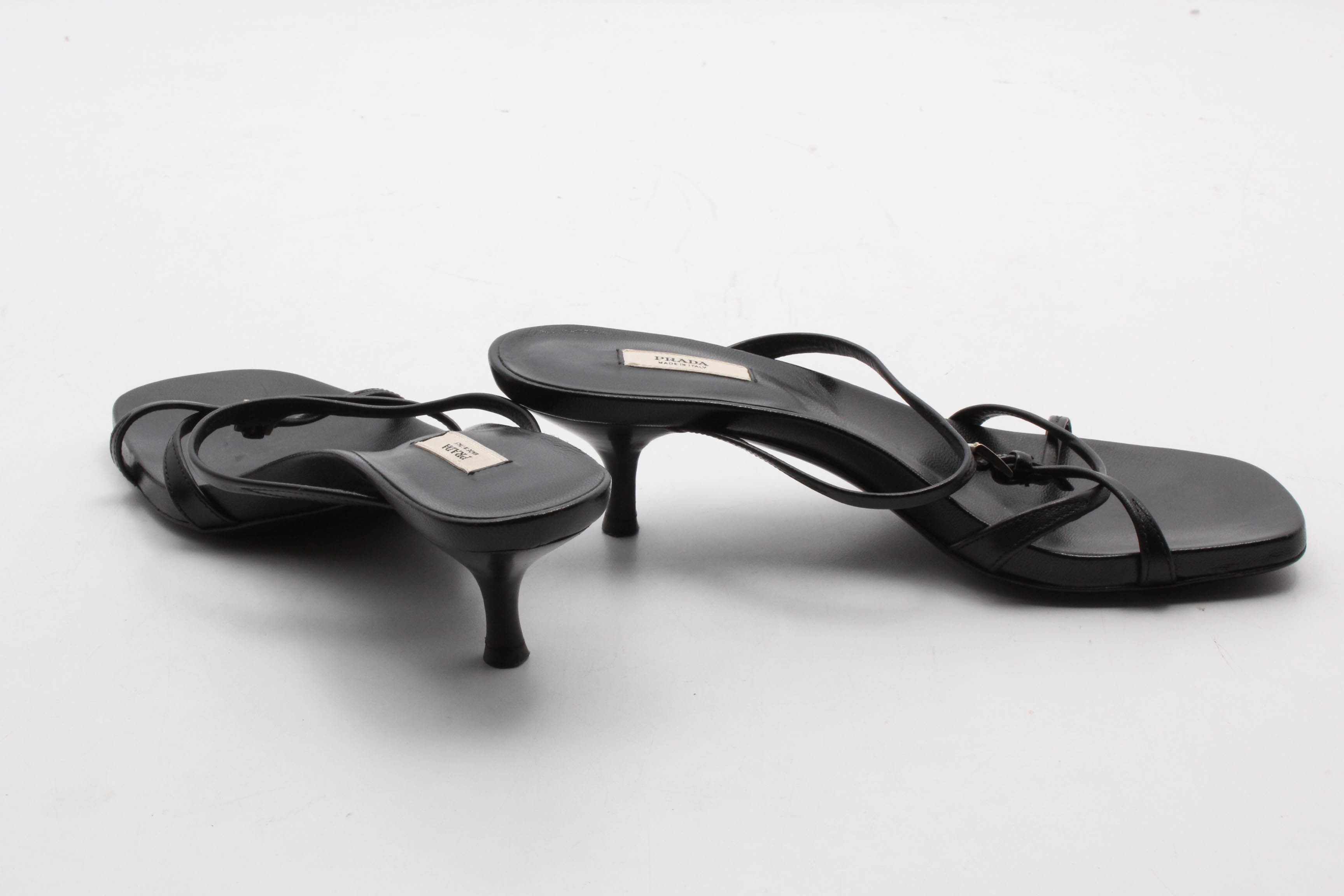 Prada Black Leather Kitten Heeled Sandals
