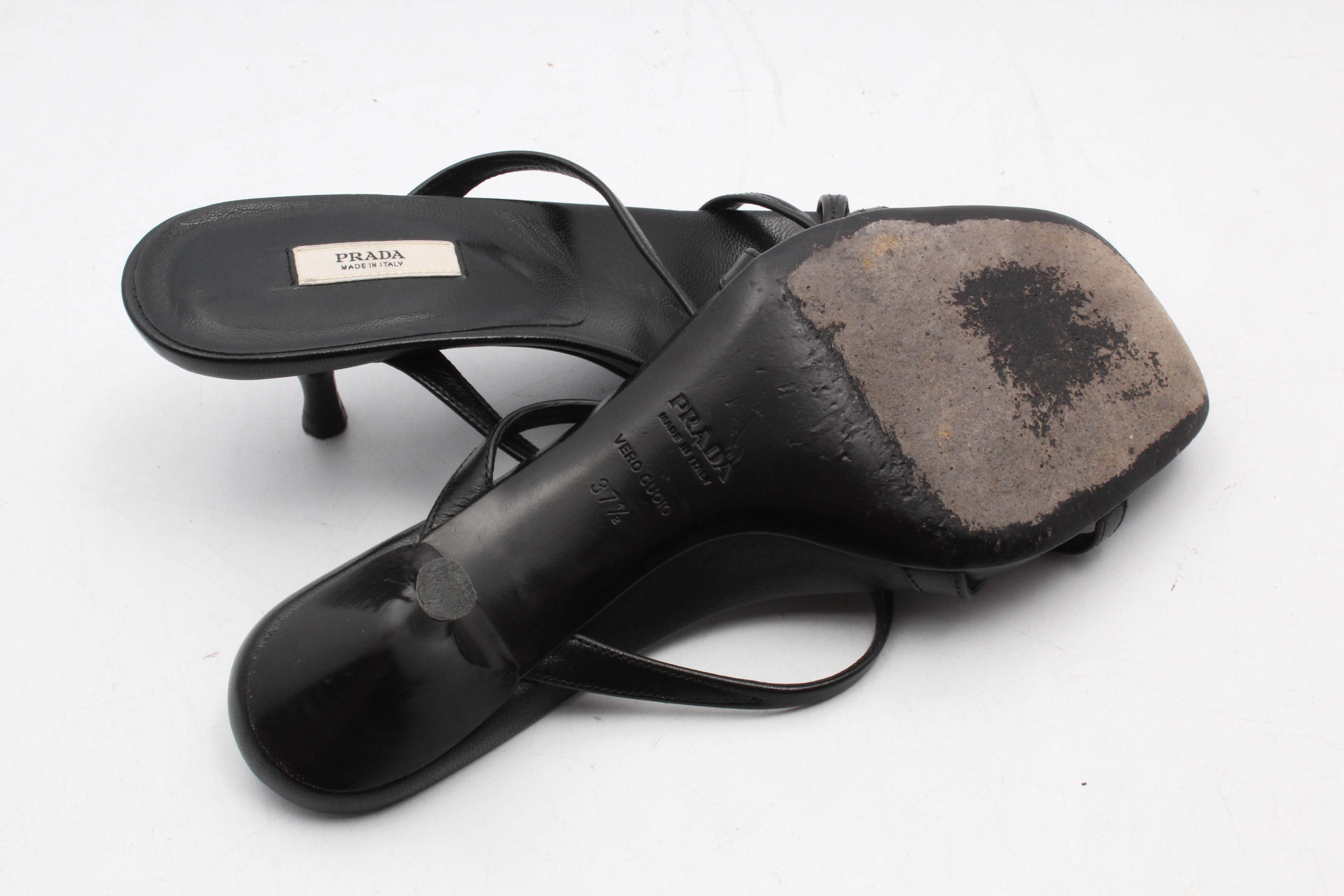 Prada Black Leather Kitten Heeled Sandals