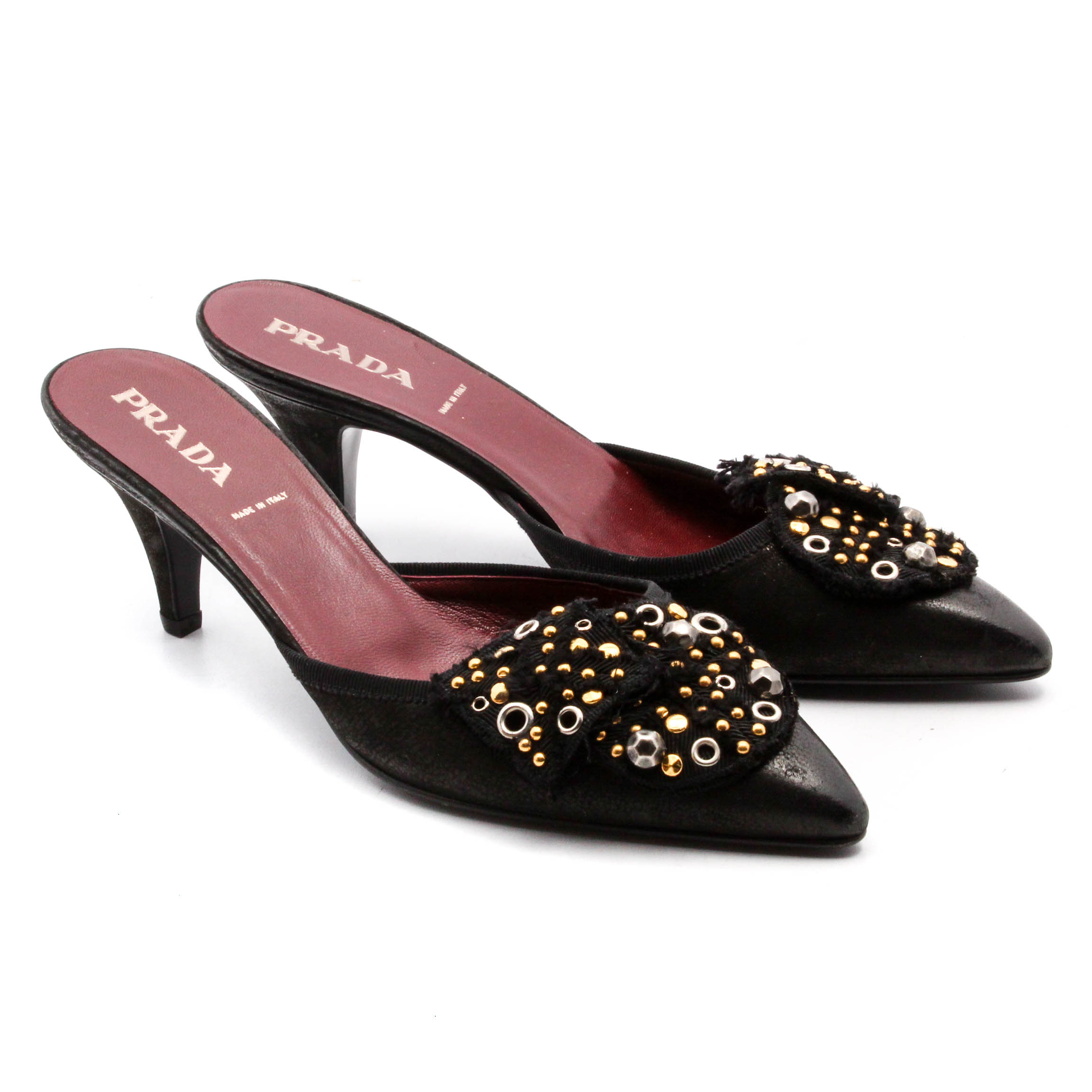 Prada Black Leather Kitten Heel Mules