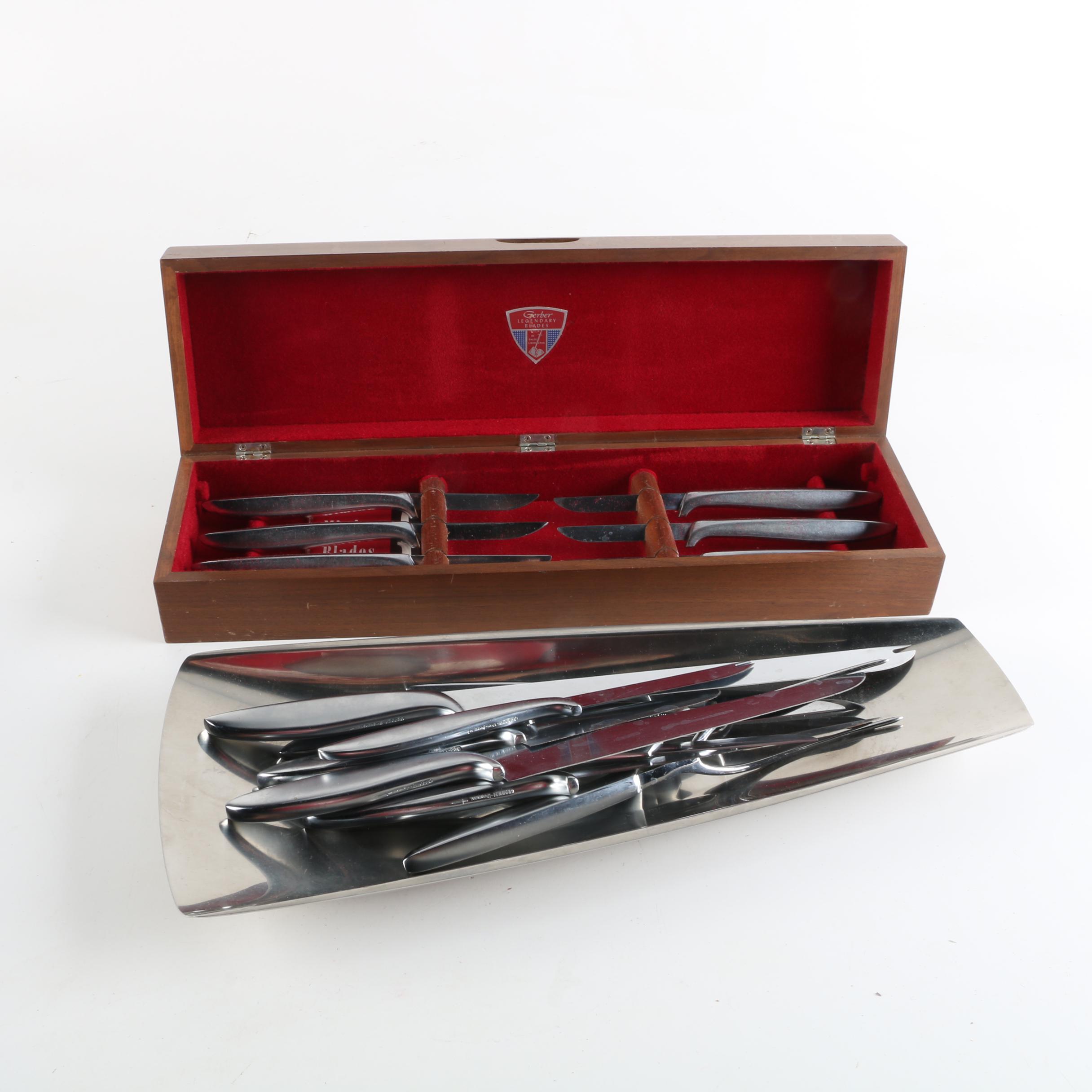 Vintage Gerber Knives and Gense Stainless Steel Tray