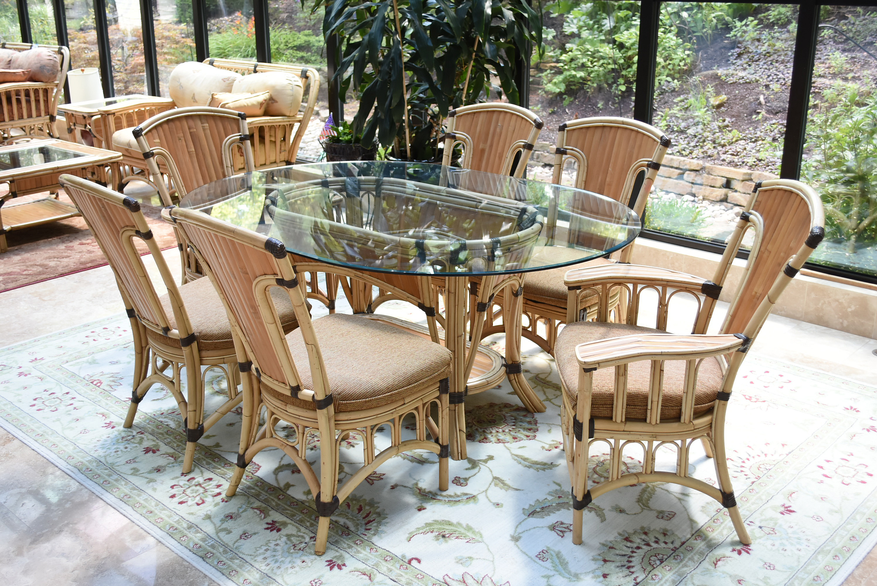 Trade Winds Bamboo Glass Top Dining Table and Six Chairs