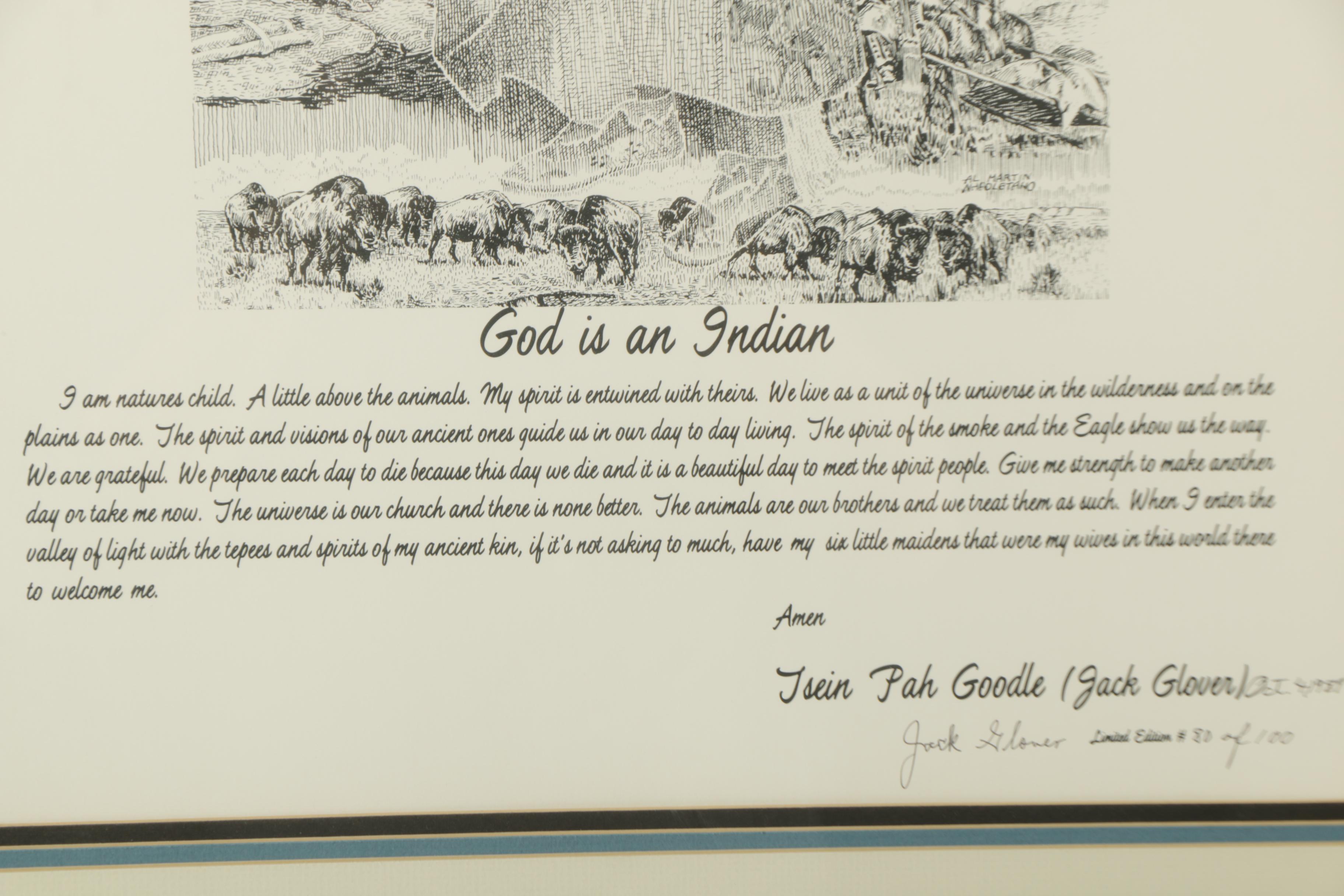 Jack Glover Limited Edition Lithograph on Paper "God is an Indian"