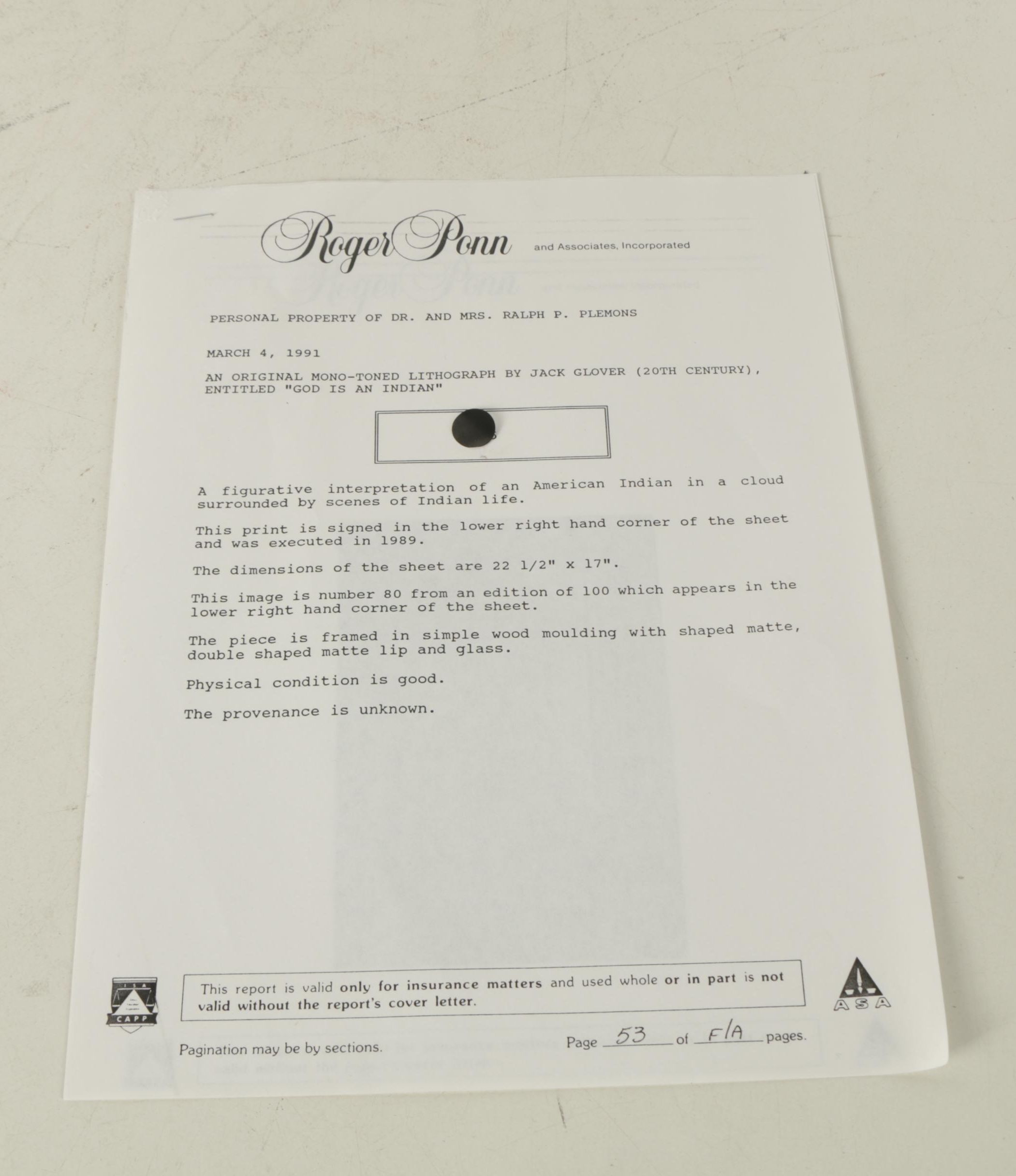 Jack Glover Limited Edition Lithograph on Paper "God is an Indian"