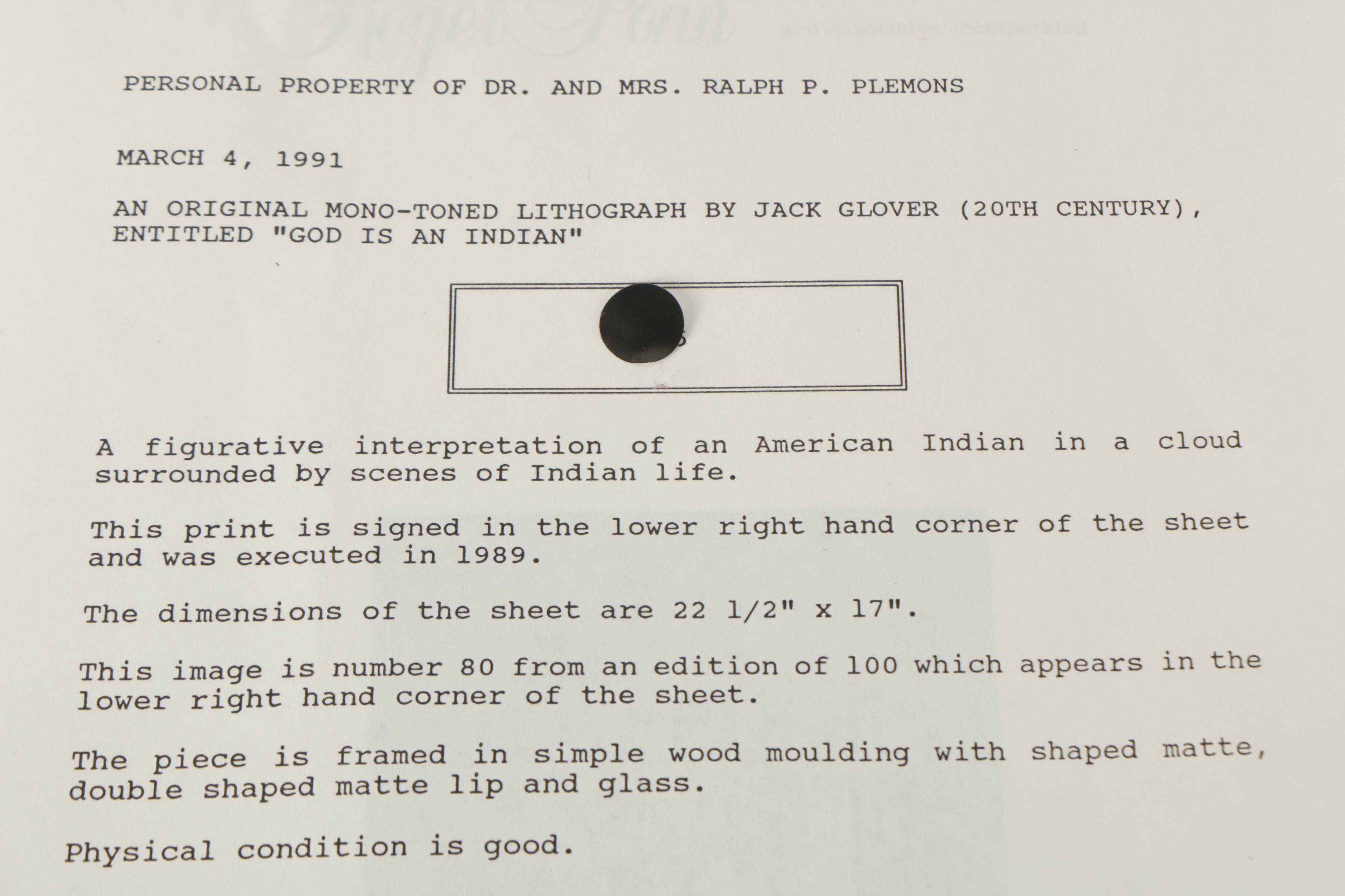 Jack Glover Limited Edition Lithograph on Paper "God is an Indian"