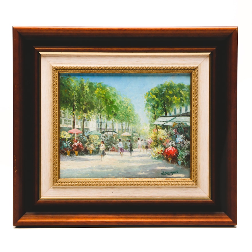J. Laupor Original Oil Painting on Canvas of a Street Scene