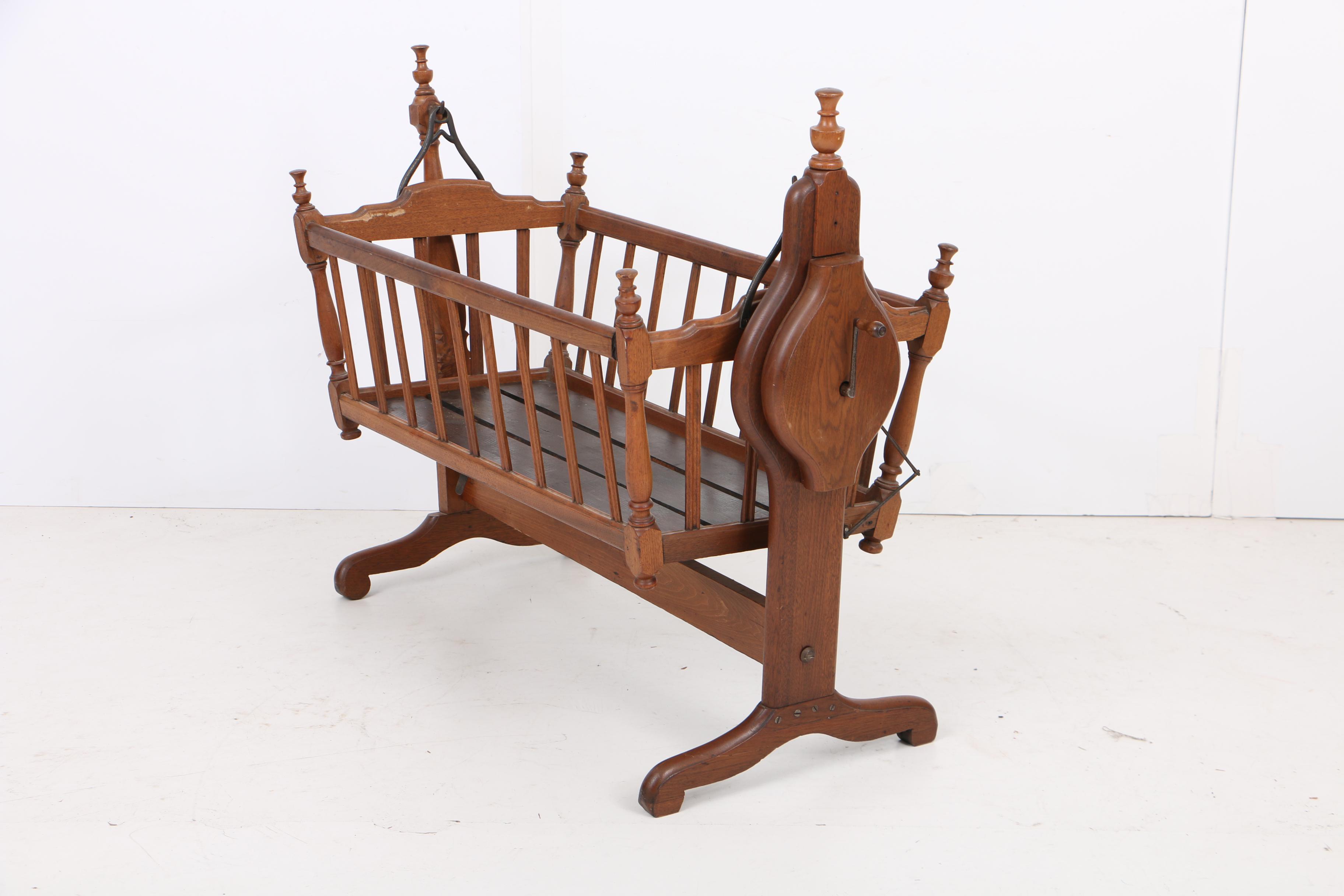 Antique Victorian Mechanized Rocking Cradle in Walnut, Late 19th Century
