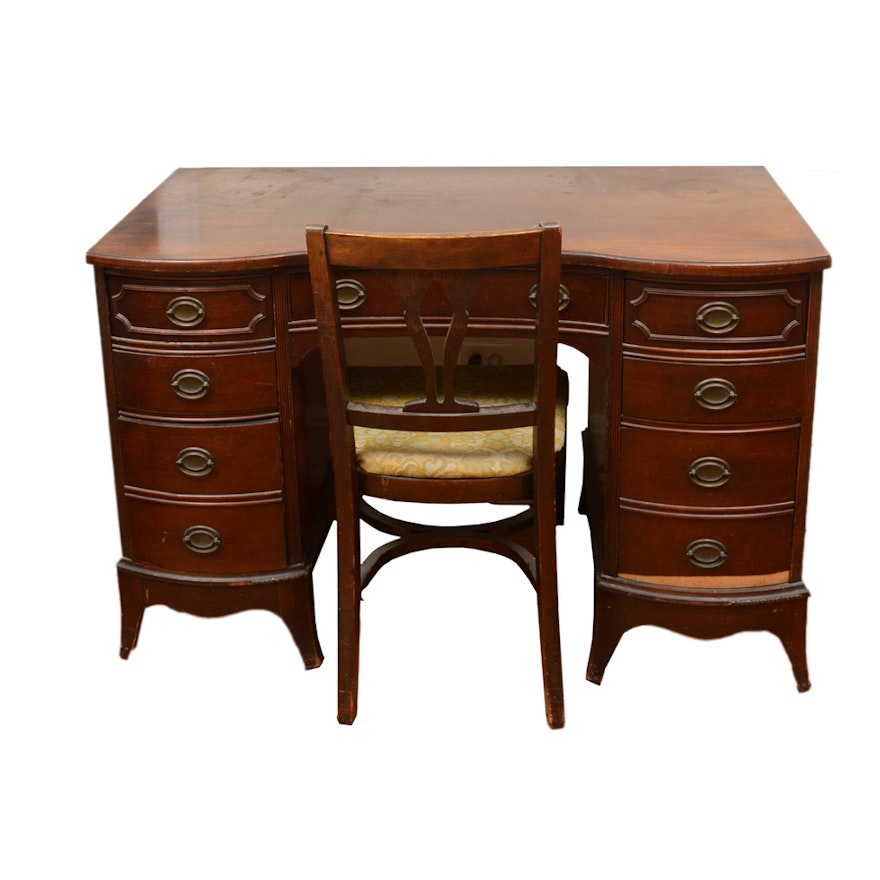 Vintage Hepplewhite Style Mahogany Kneehole Desk with Chair