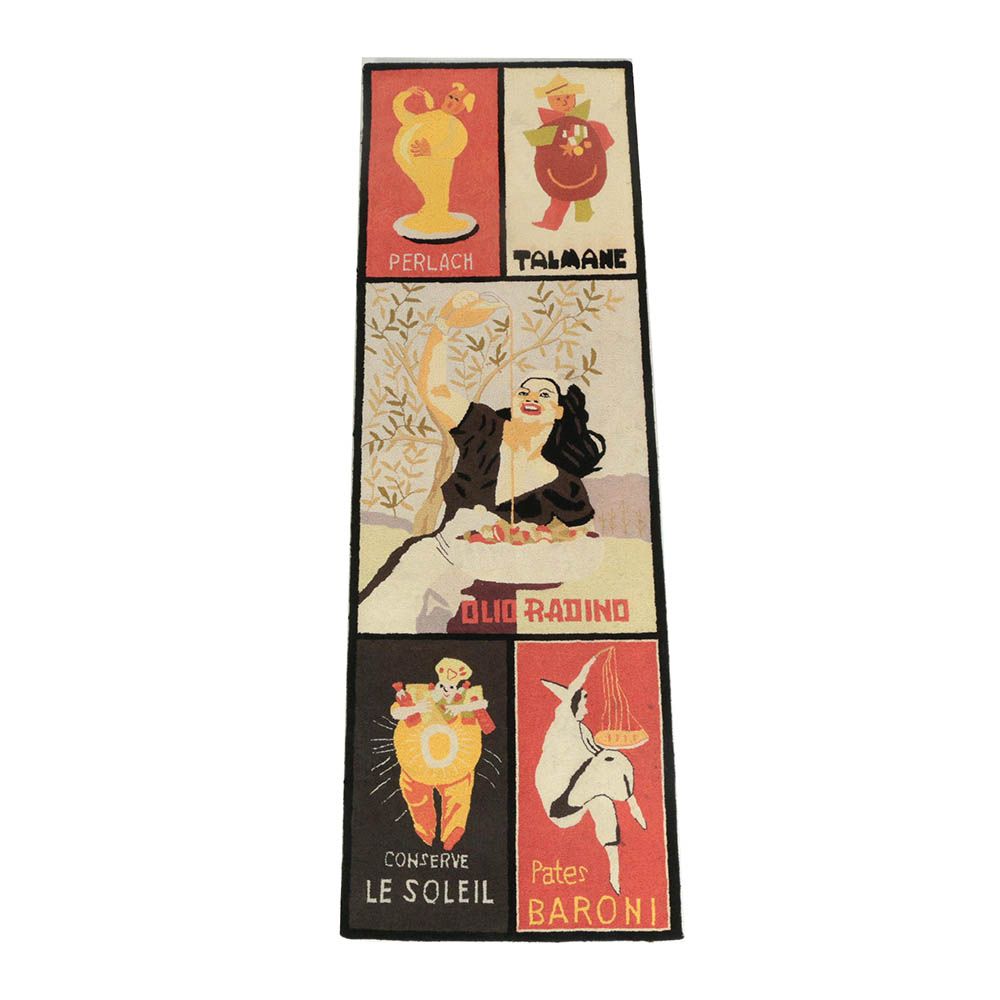 Hooked Pictorial French Advertising Poster Themed Wool Carpet Runner
