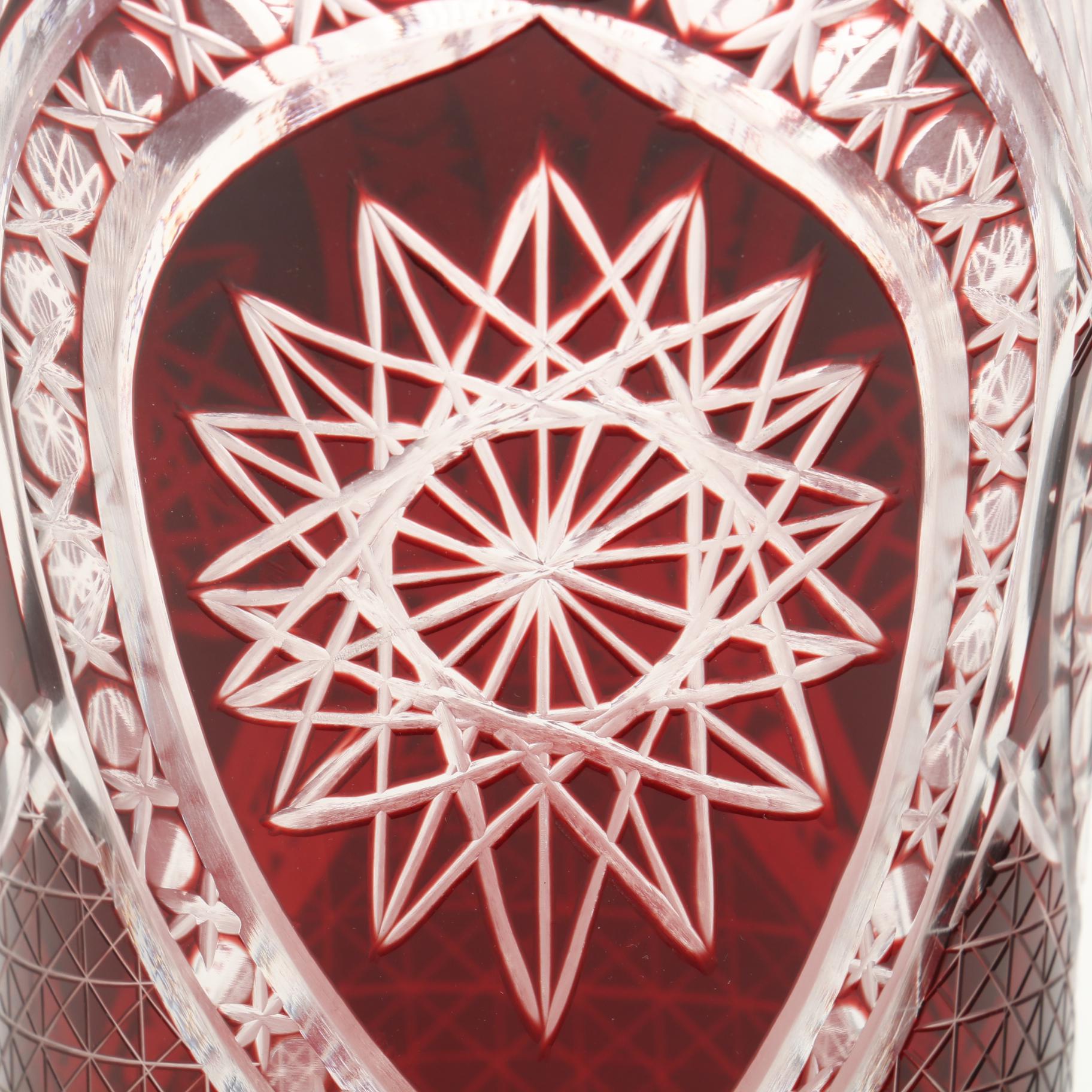 Bohemian Style Ruby Crystal Cut to Clear Vase