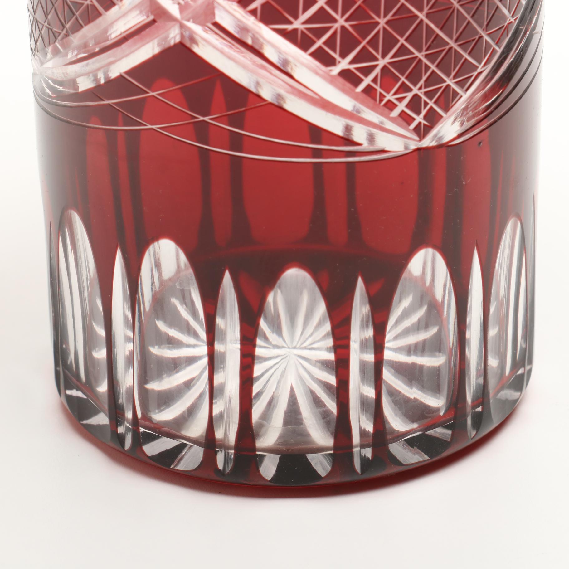 Bohemian Style Ruby Crystal Cut to Clear Vase