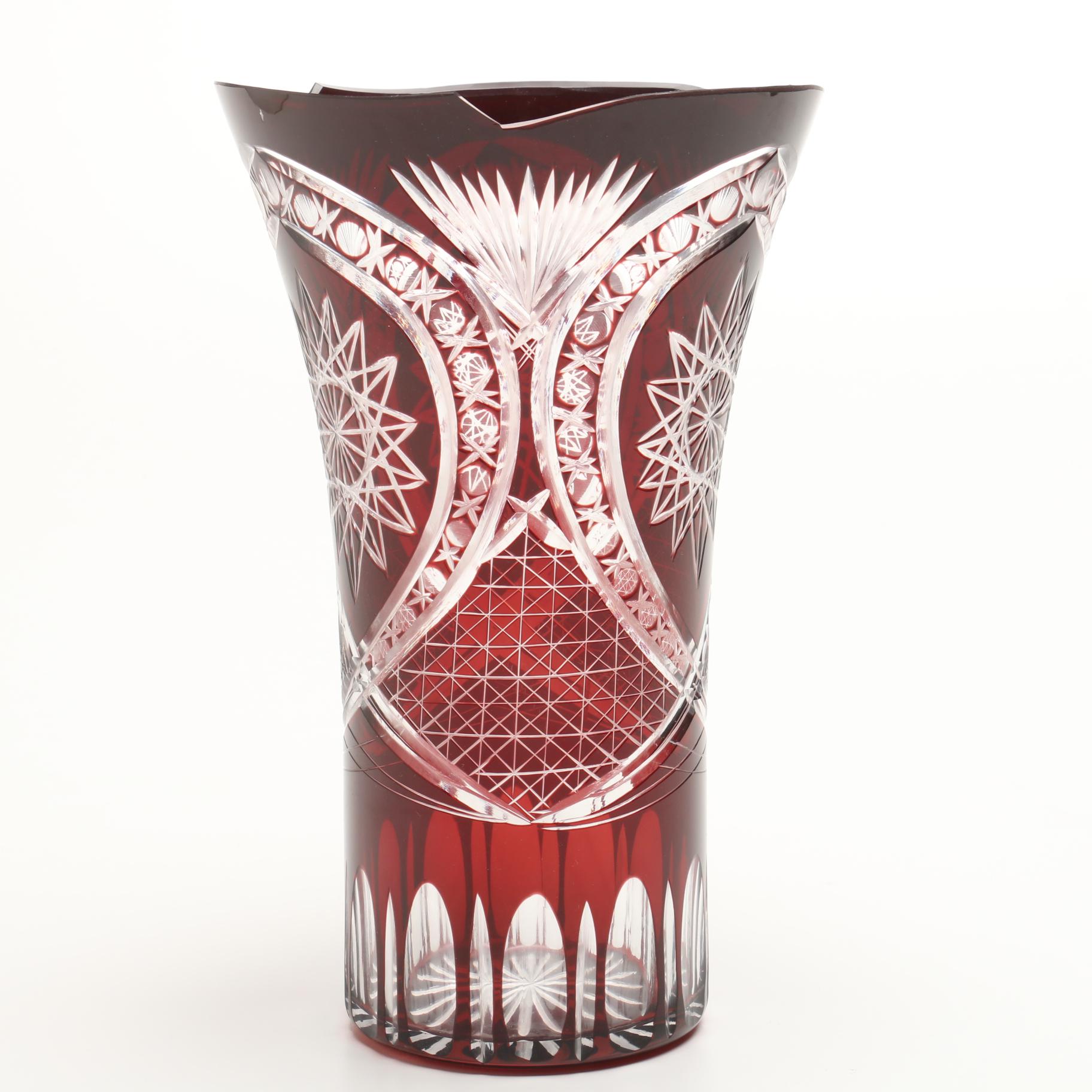 Bohemian Style Ruby Crystal Cut to Clear Vase