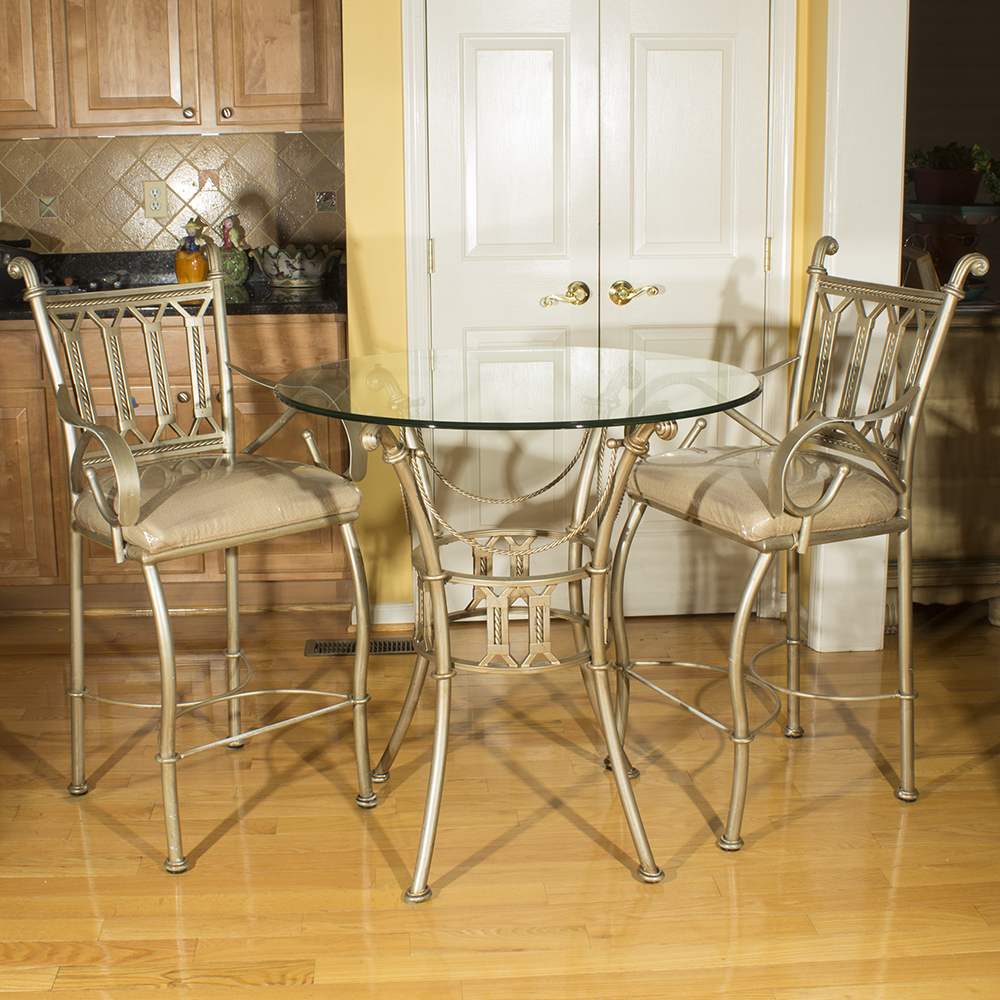 Neoclassical Style Glass Top Bistro Table with Barstools