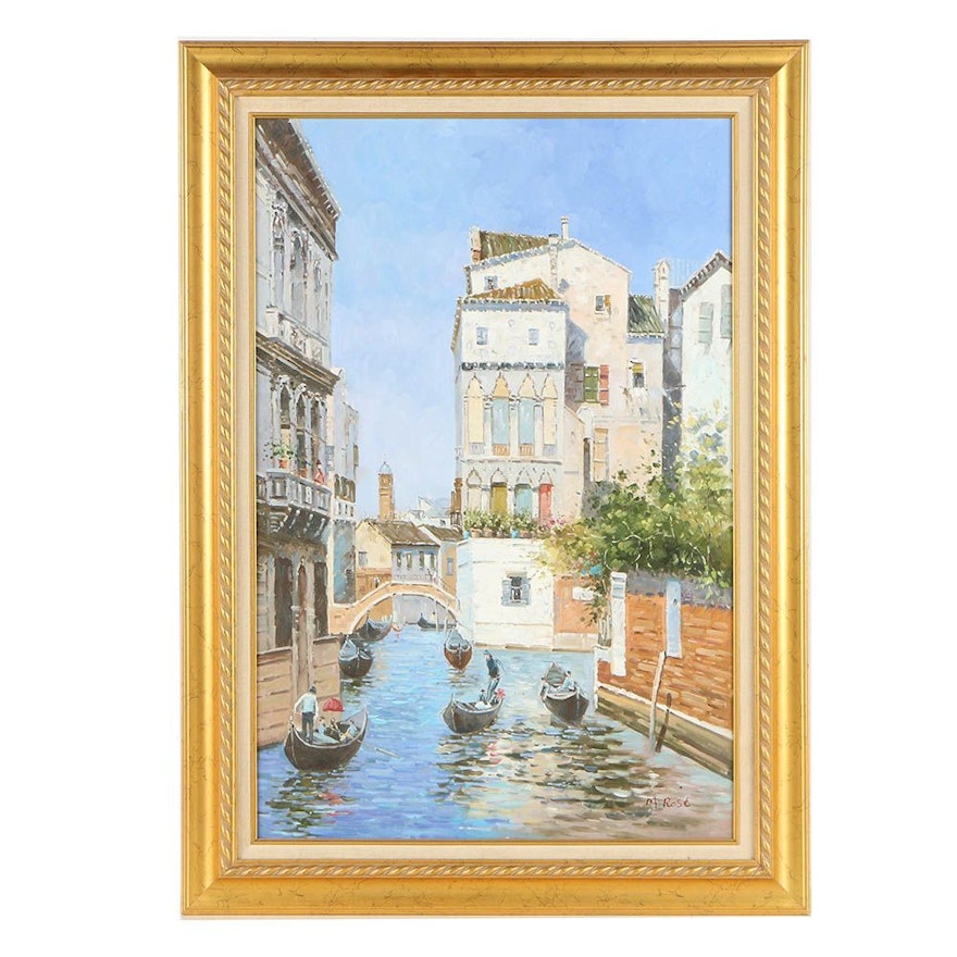 M. Rost Circa 2000 Oil Painting of a Canal