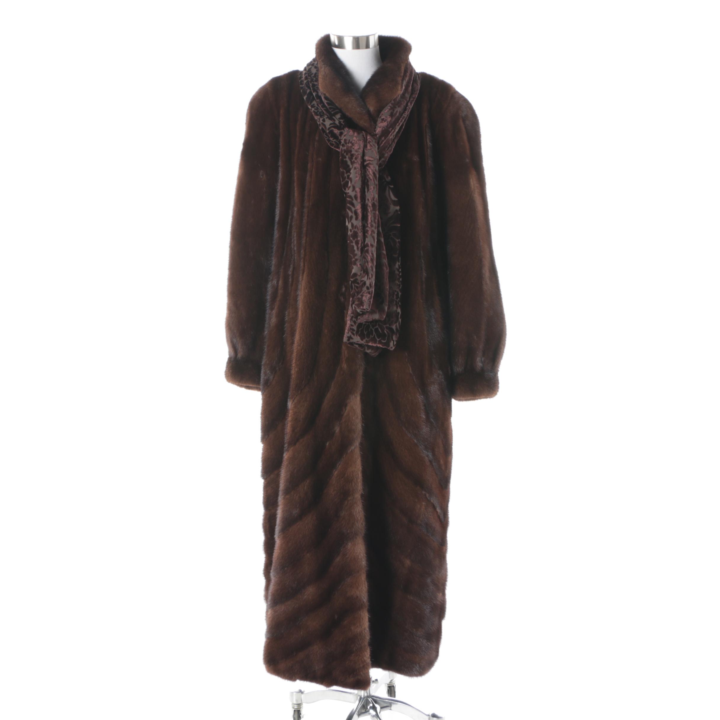 Women's The Evans Collection Brown Mink Fur Coat with Velvet Scarf