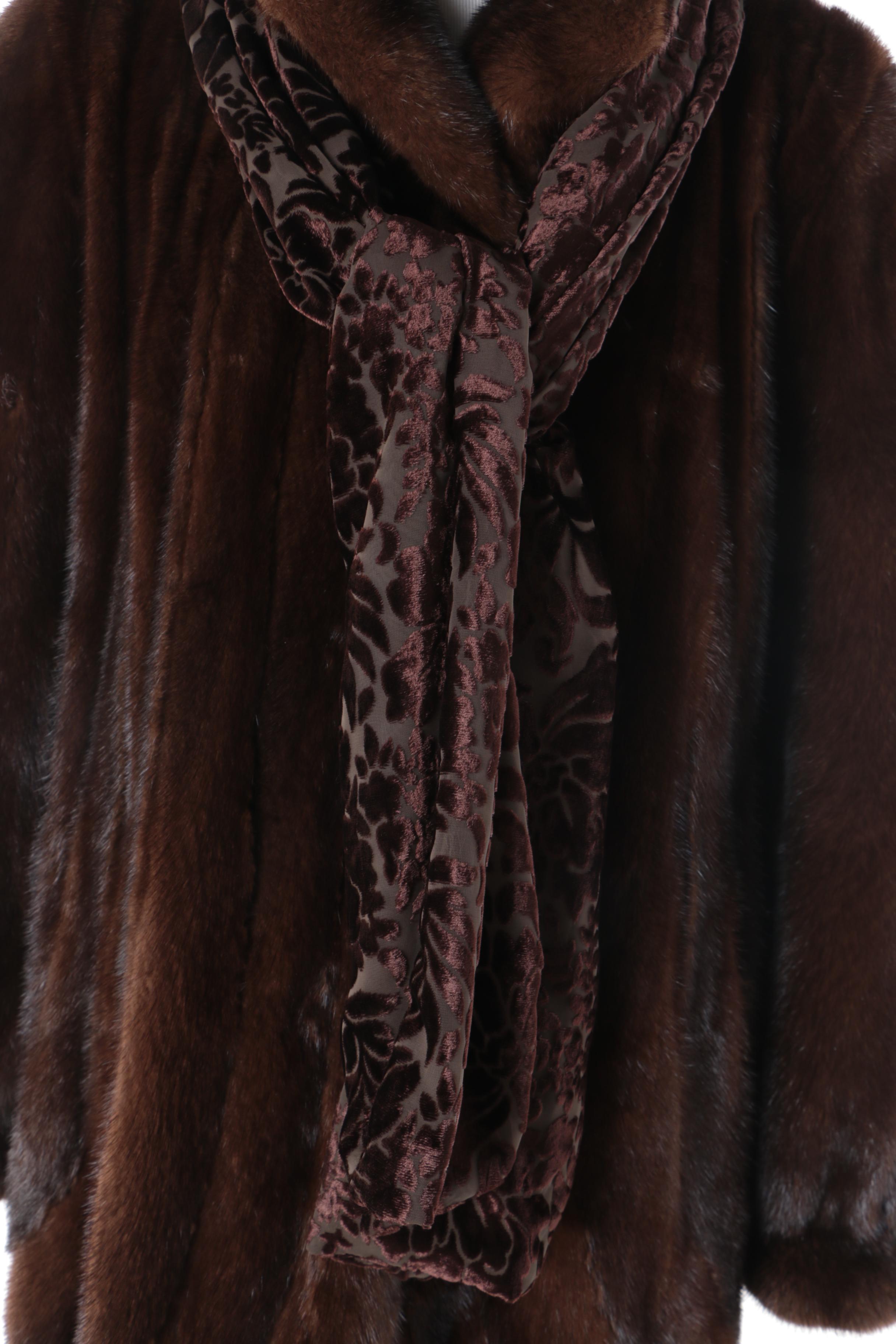 Women's The Evans Collection Brown Mink Fur Coat with Velvet Scarf