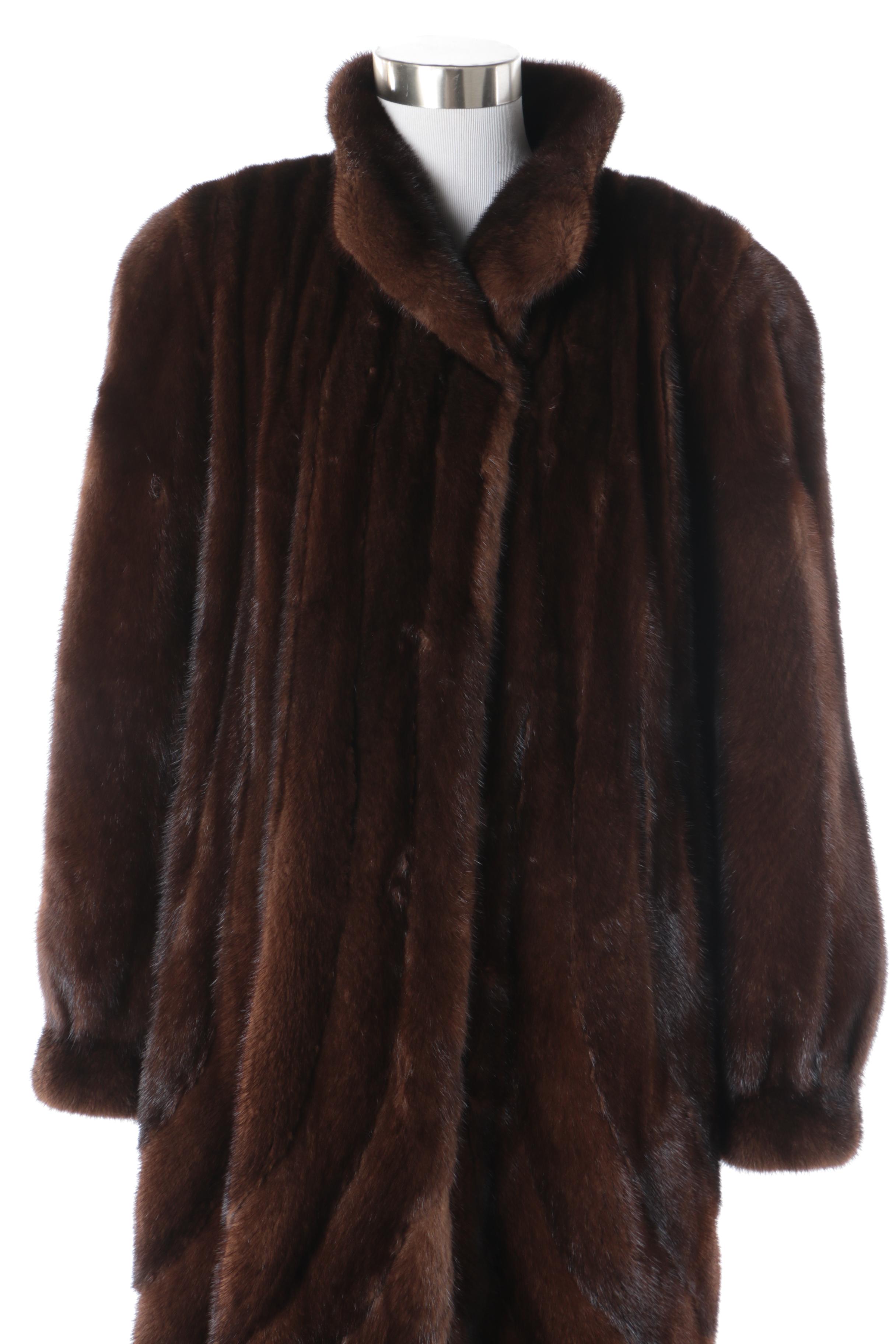 Women's The Evans Collection Brown Mink Fur Coat with Velvet Scarf