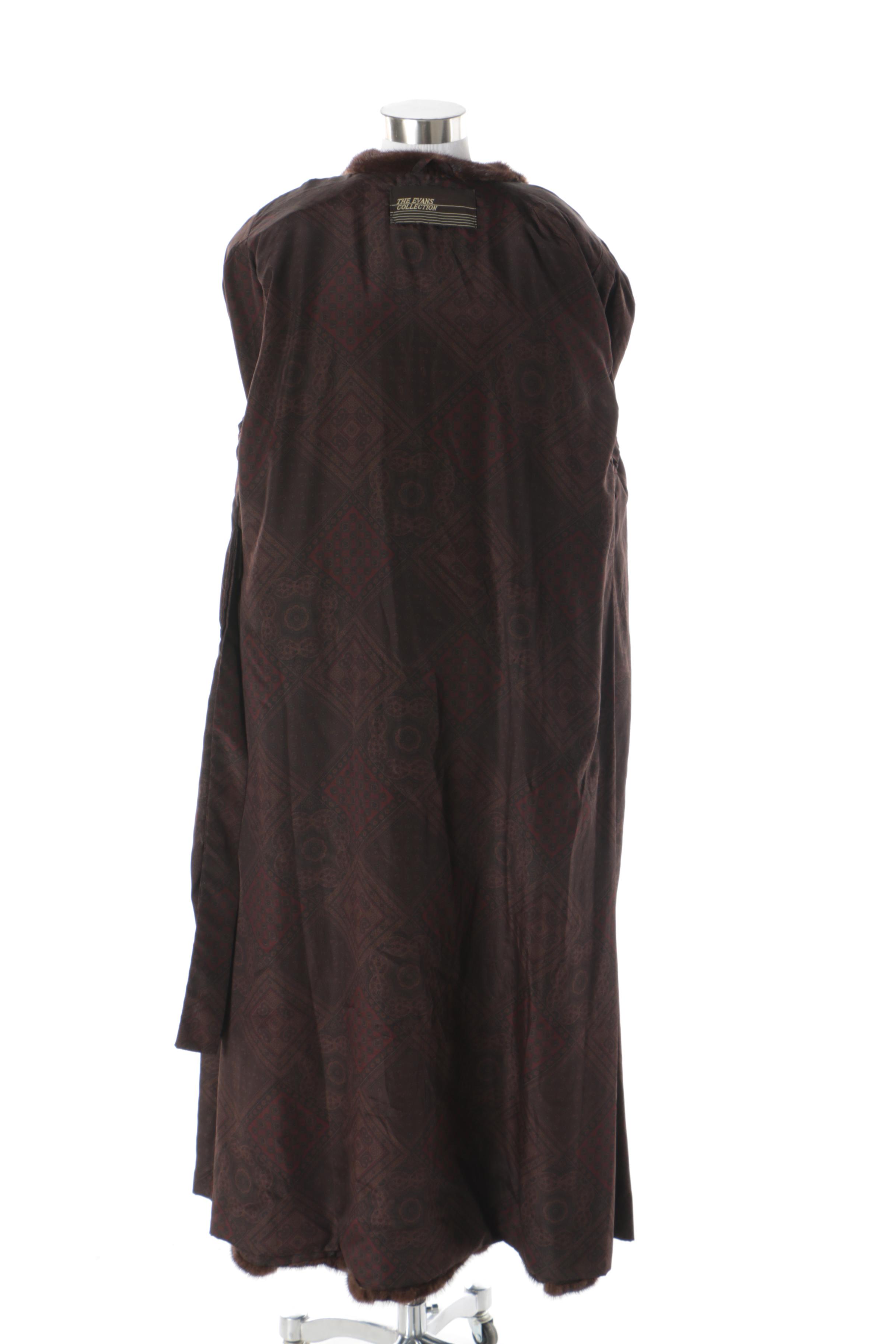 Women's The Evans Collection Brown Mink Fur Coat with Velvet Scarf