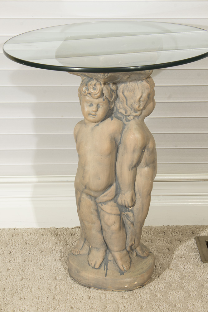 Neoclassical Style Glass Top Accent Table with Figural Base
