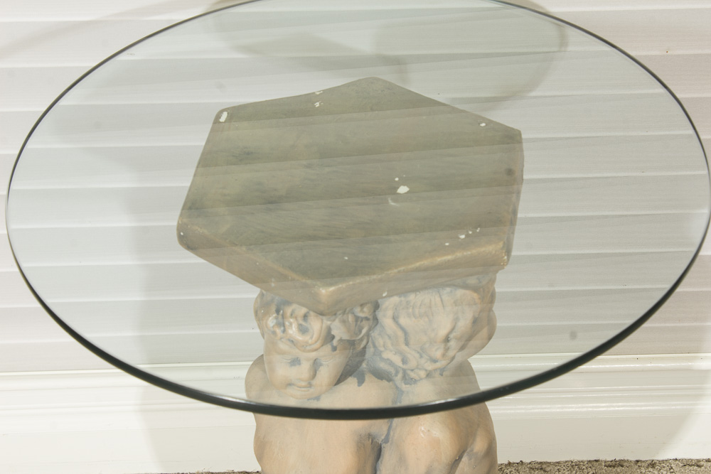 Neoclassical Style Glass Top Accent Table with Figural Base