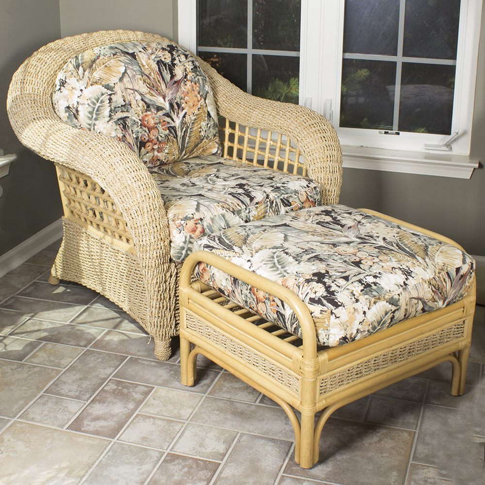 BenchCraft Wicker Patio Armchair, Ottoman, and Cushions