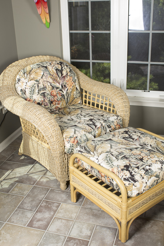 BenchCraft Wicker Patio Armchair, Ottoman, and Cushions