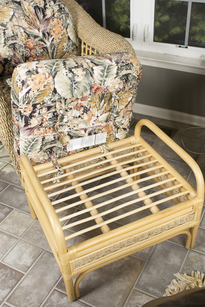 BenchCraft Wicker Patio Armchair, Ottoman, and Cushions