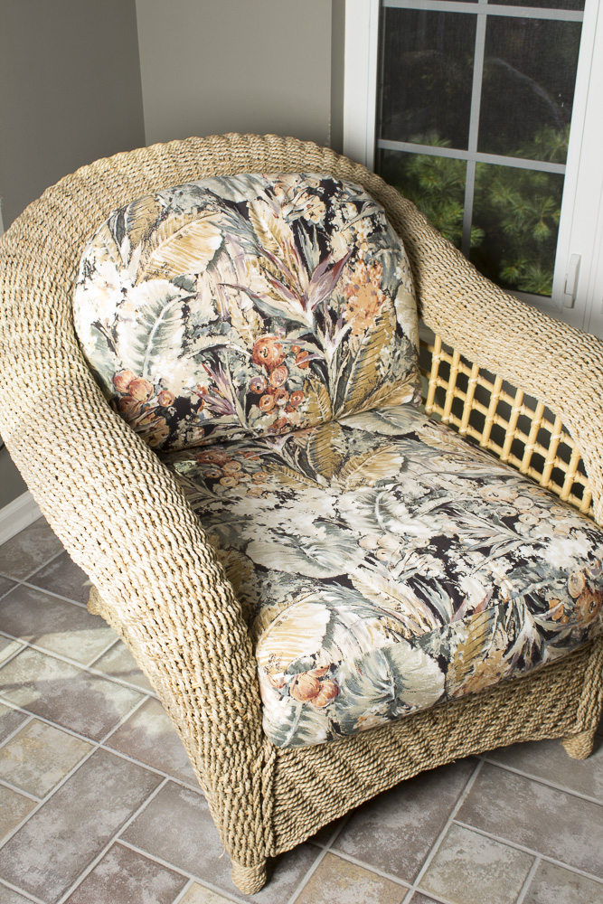 BenchCraft Wicker Patio Armchair, Ottoman, and Cushions