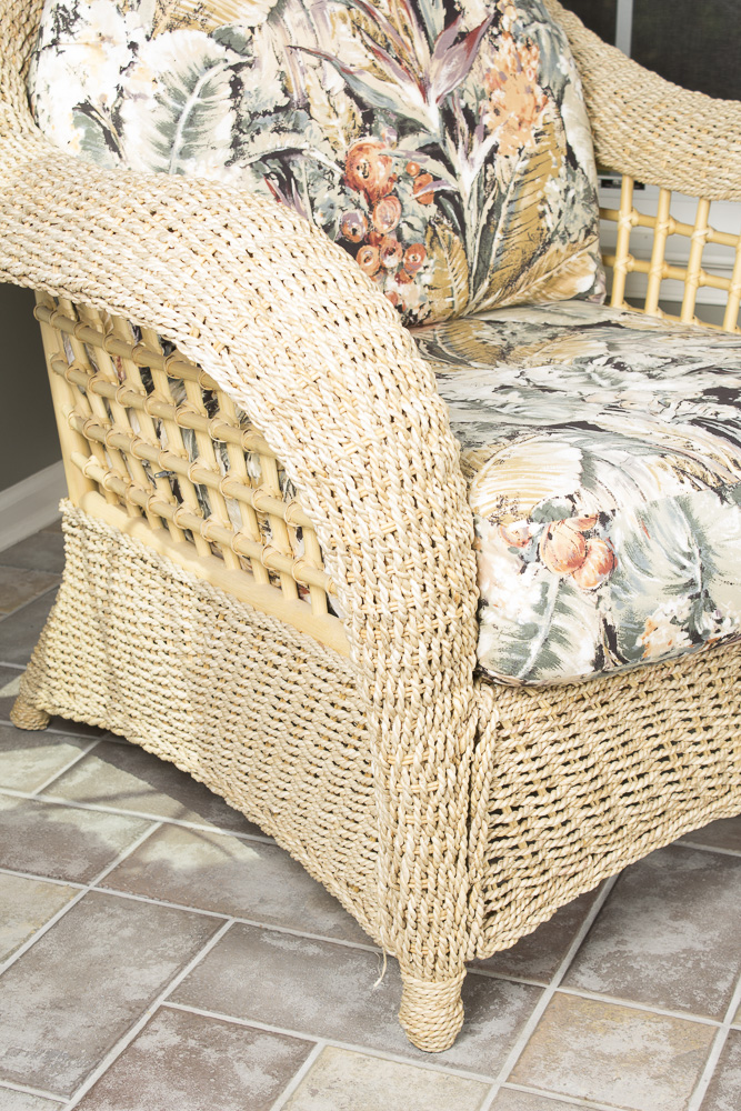 BenchCraft Wicker Patio Armchair, Ottoman, and Cushions