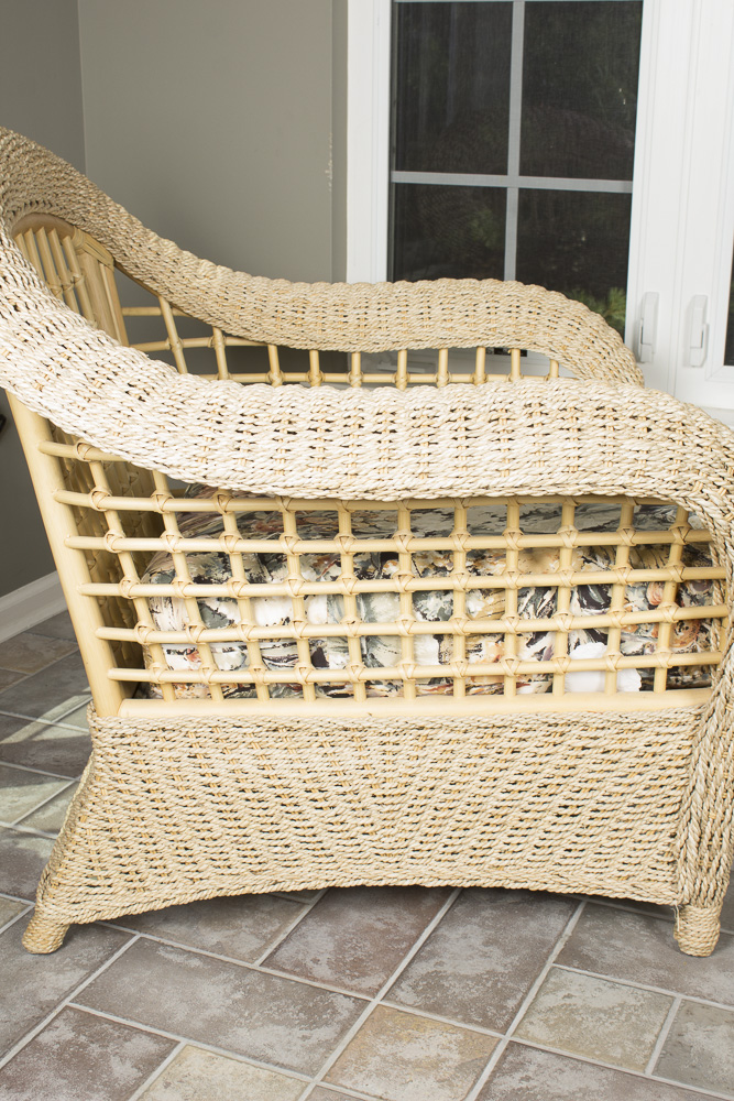 BenchCraft Wicker Patio Armchair, Ottoman, and Cushions